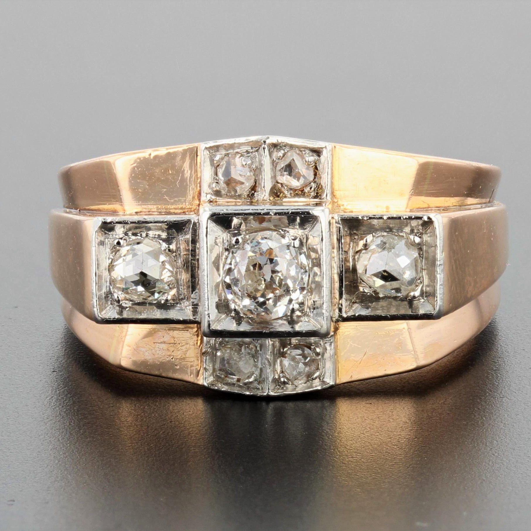 Retro 1940s Diamonds 18 Karat Rose Gold Bridge Tank Ring For Sale