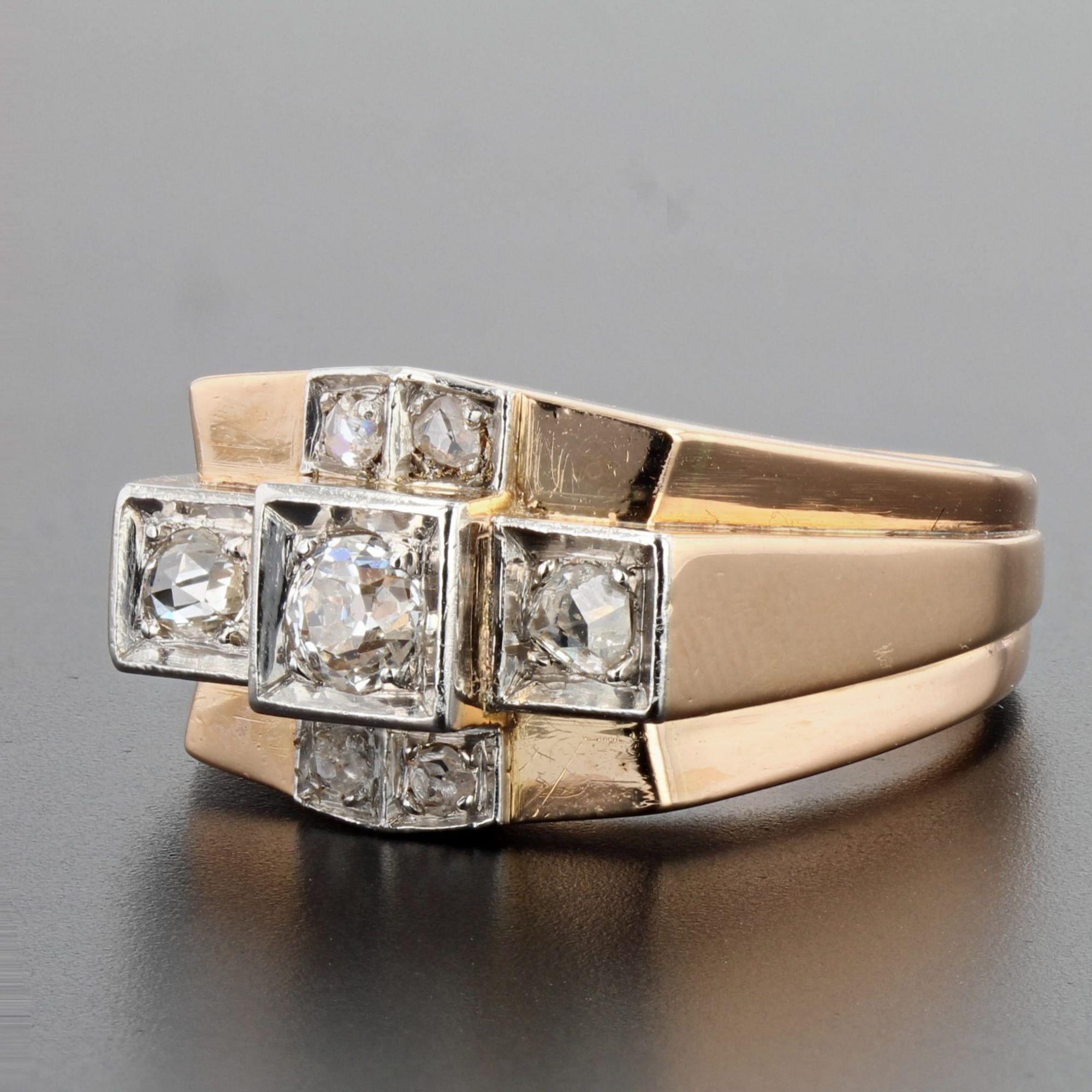 Brilliant Cut 1940s Diamonds 18 Karat Rose Gold Bridge Tank Ring For Sale