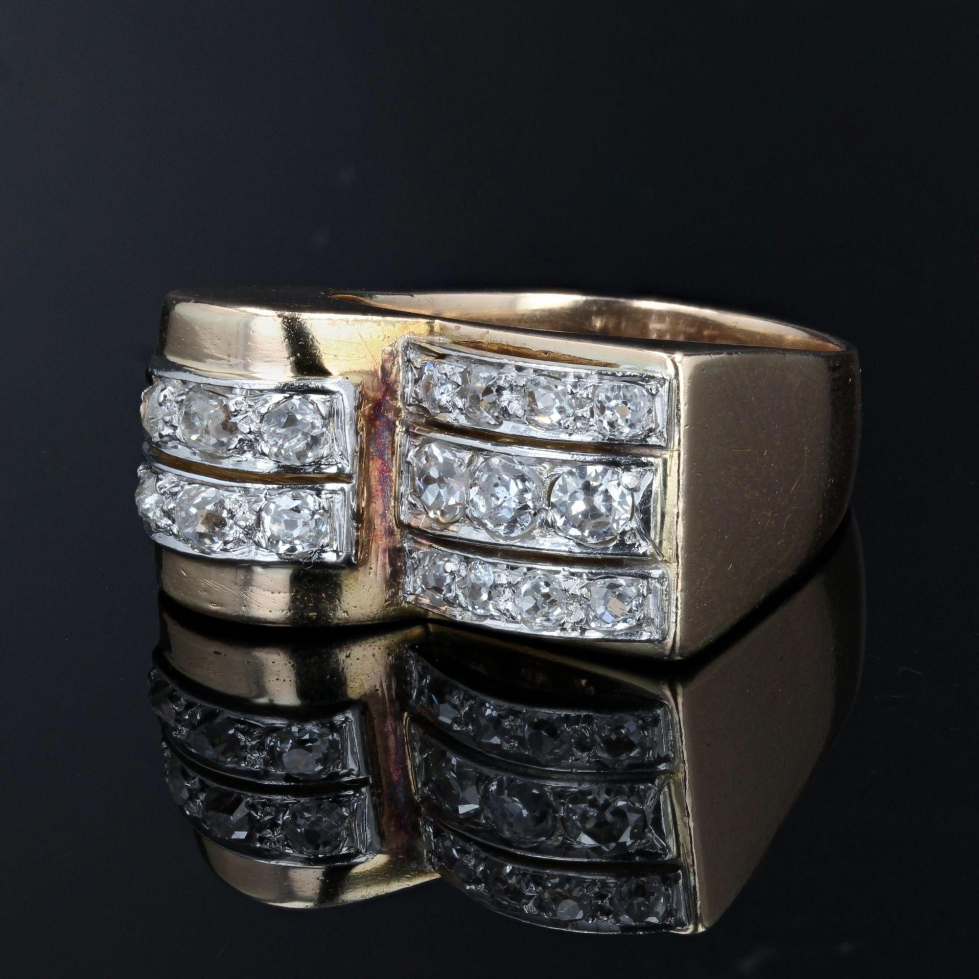 1940s Diamonds 18 Karat Yellow Gold Platinum Asymmetrical Tank Ring For ...