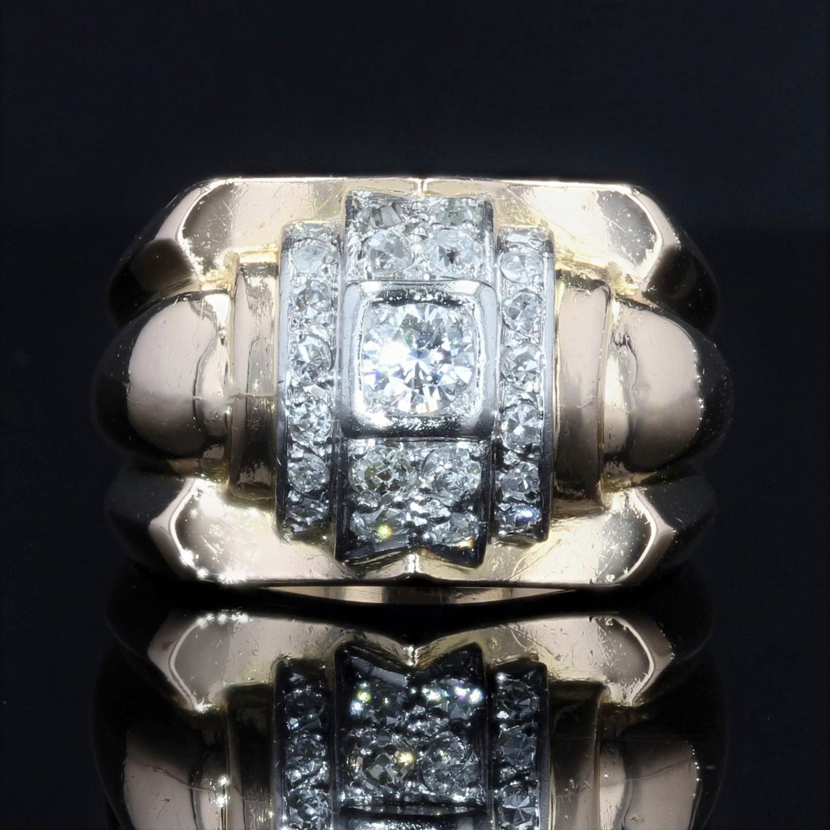 Brilliant Cut 1940s Diamonds 18 Karat Yellow Gold Tank Signet Ring For Sale