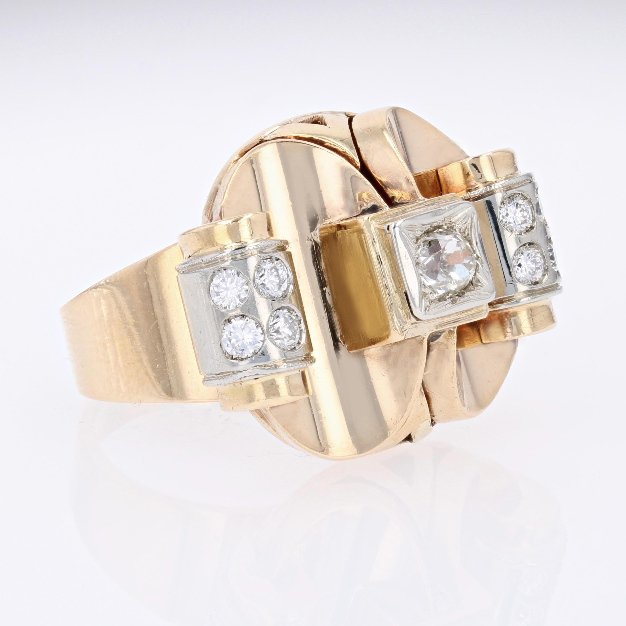1940s Diamonds 18 Karat Yellow Platinium Gold Retro Ring For Sale 6