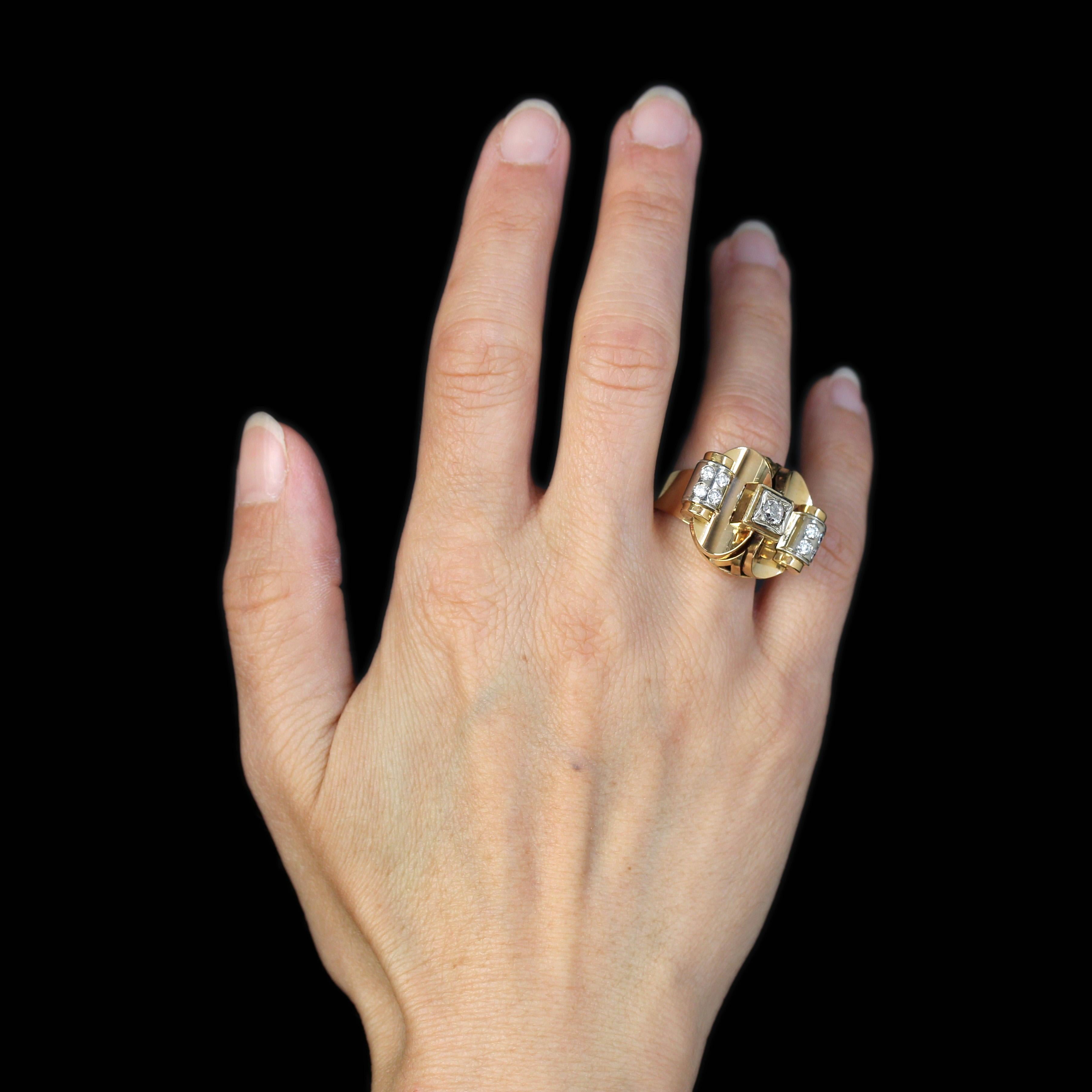 Taglio brillante Anello retrò anni '40 con diamanti in oro giallo platino a 18 carati in vendita
