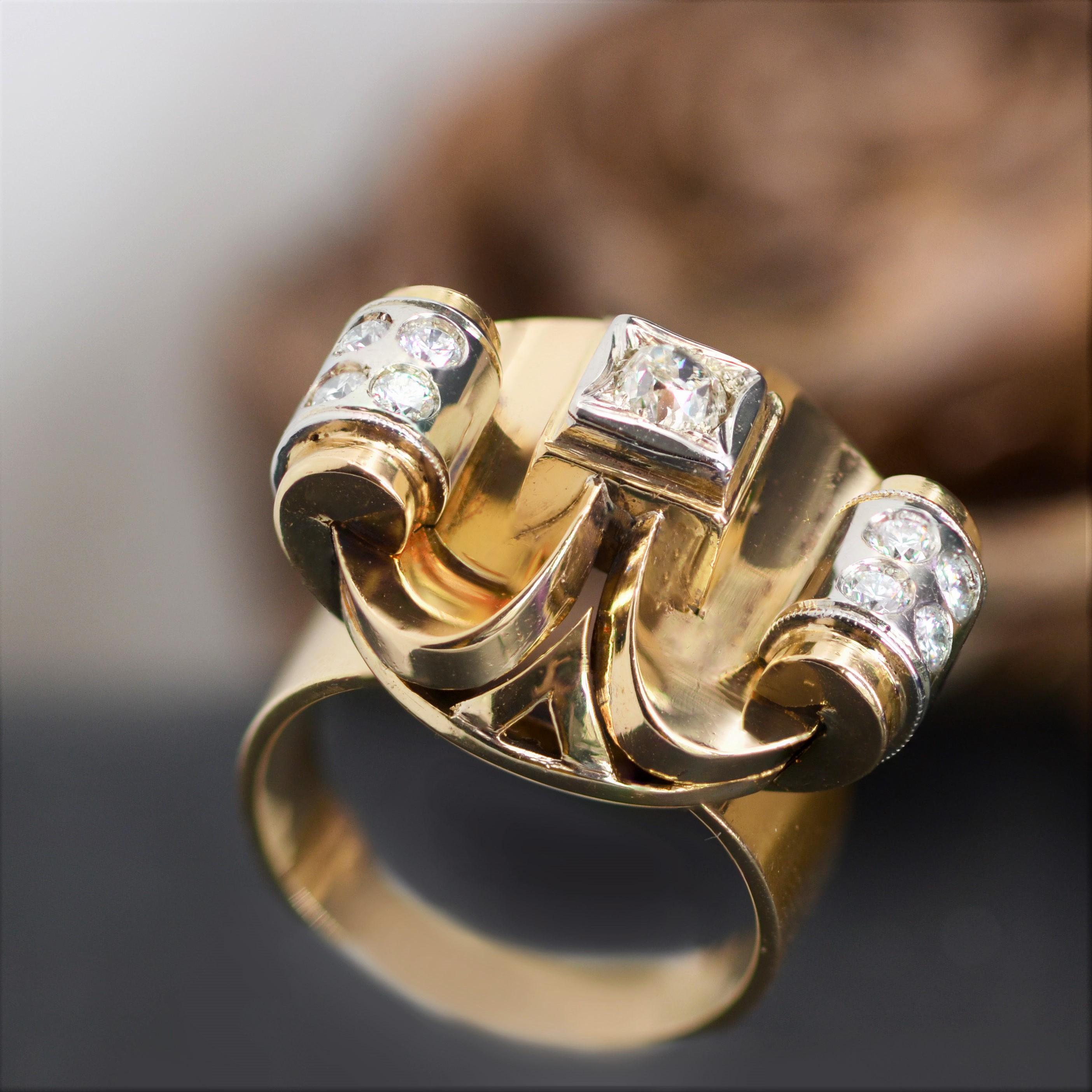 1940s Diamonds 18 Karat Yellow Platinium Gold Retro Ring For Sale 9