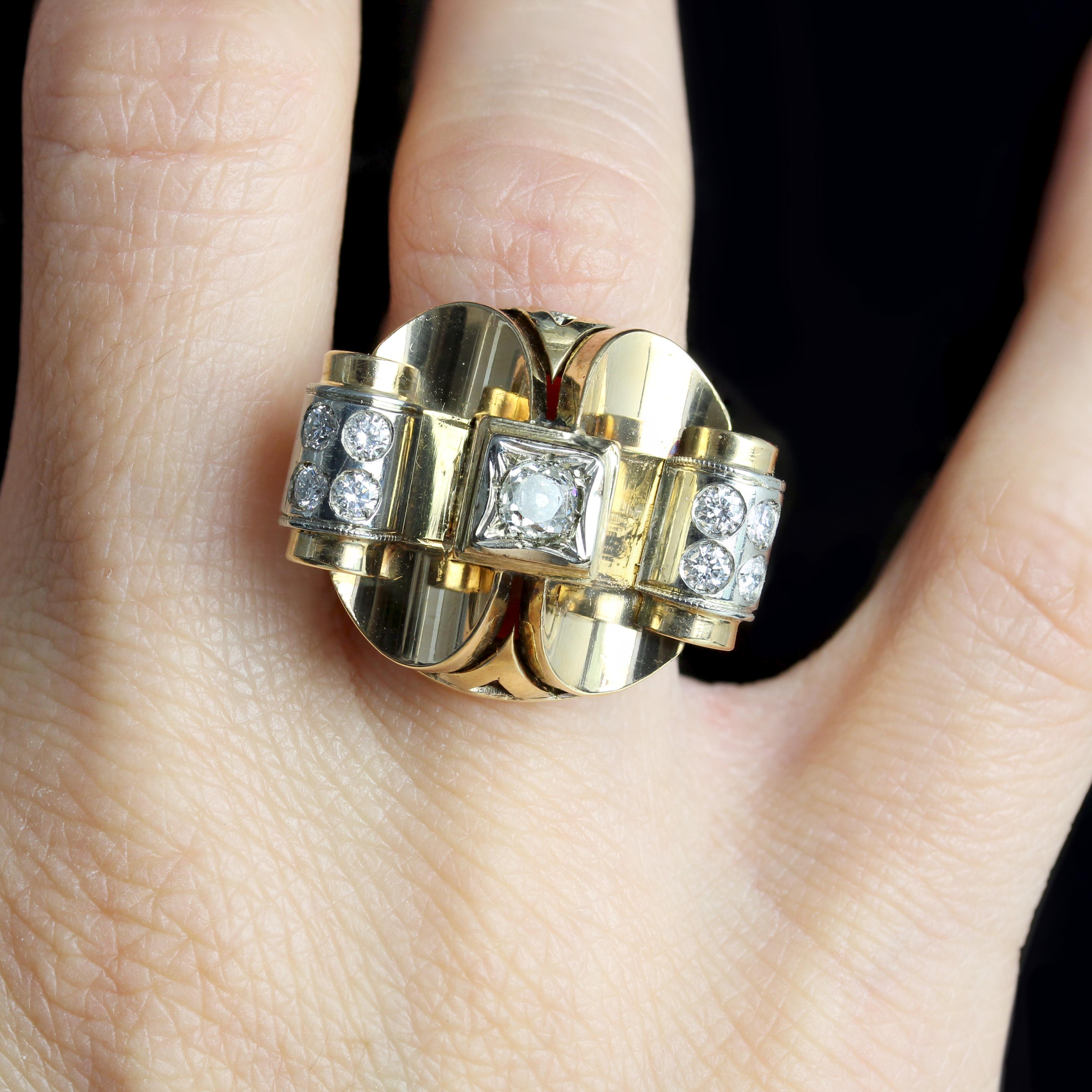 Anello retrò anni '40 con diamanti in oro giallo platino a 18 carati in vendita 1