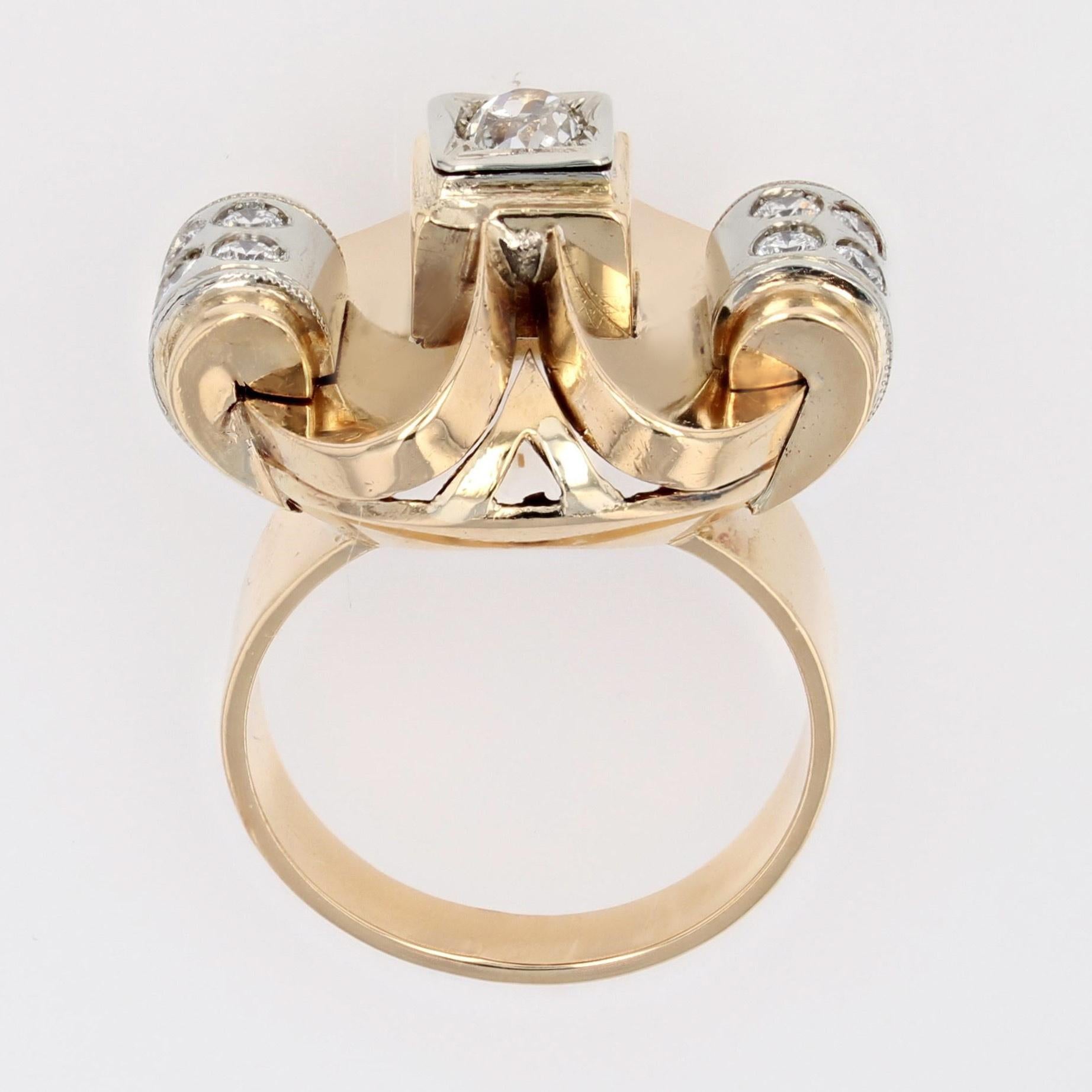 1940s Diamonds 18 Karat Yellow Platinium Gold Retro Ring For Sale 10