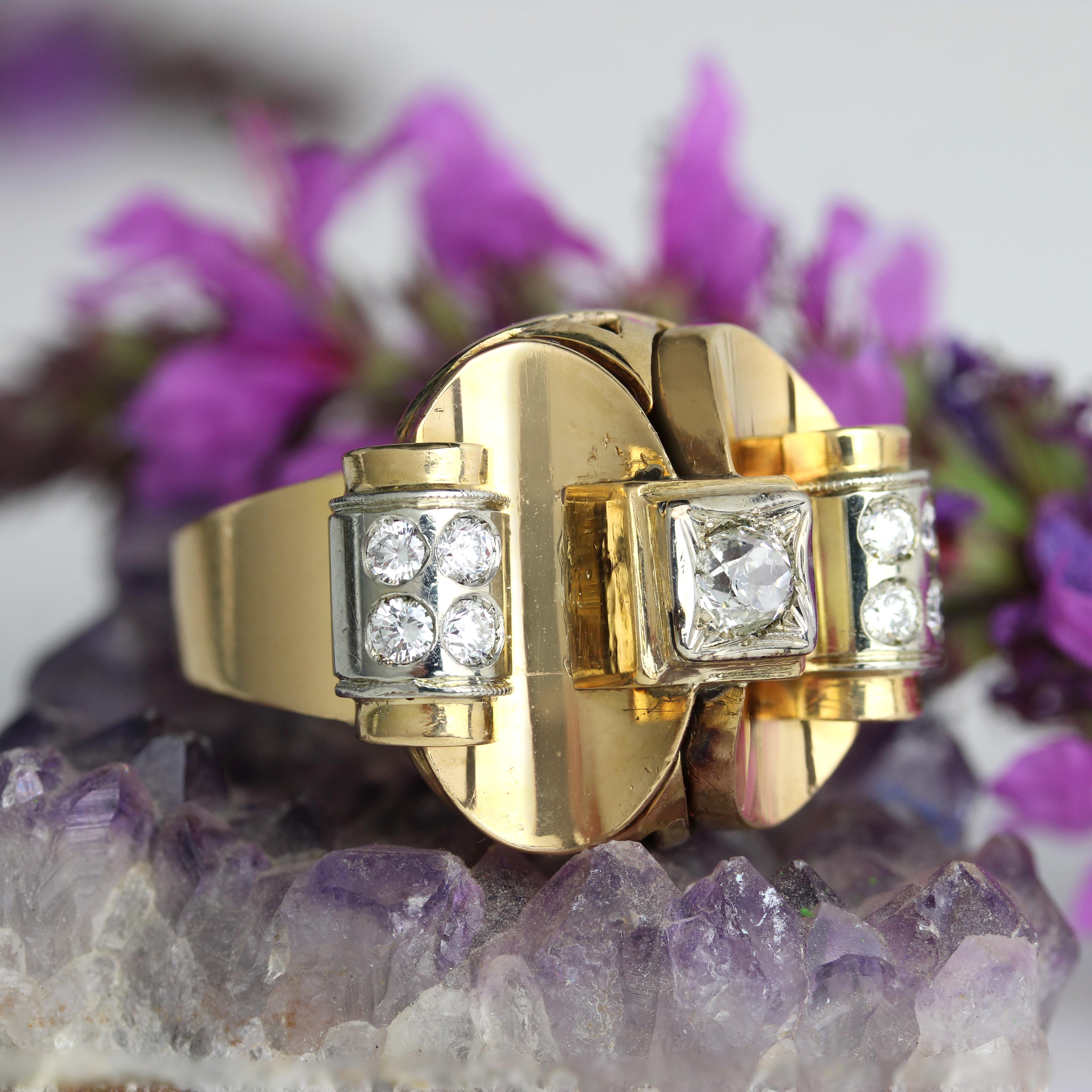 Anello retrò anni '40 con diamanti in oro giallo platino a 18 carati in vendita 7