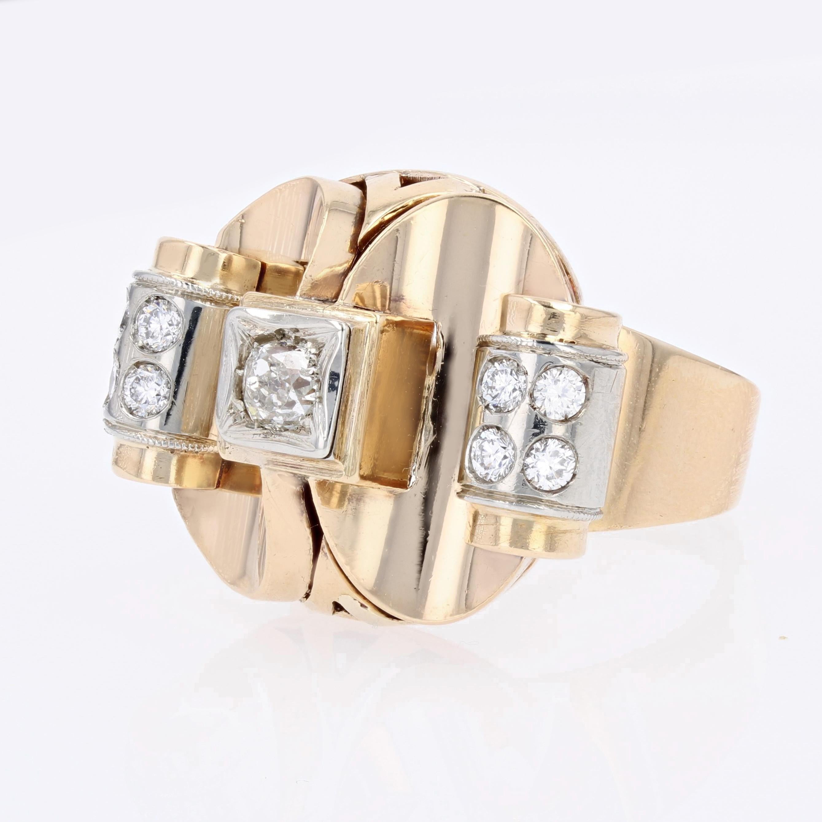 Women's or Men's 1940s Diamonds 18 Karat Yellow Platinium Gold Retro Ring For Sale