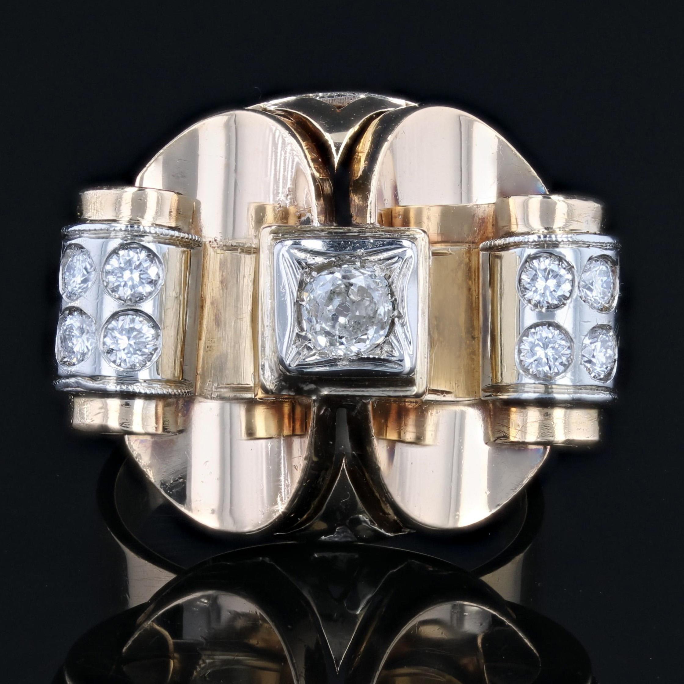 1940s Diamonds 18 Karat Yellow Platinium Gold Retro Ring For Sale 1