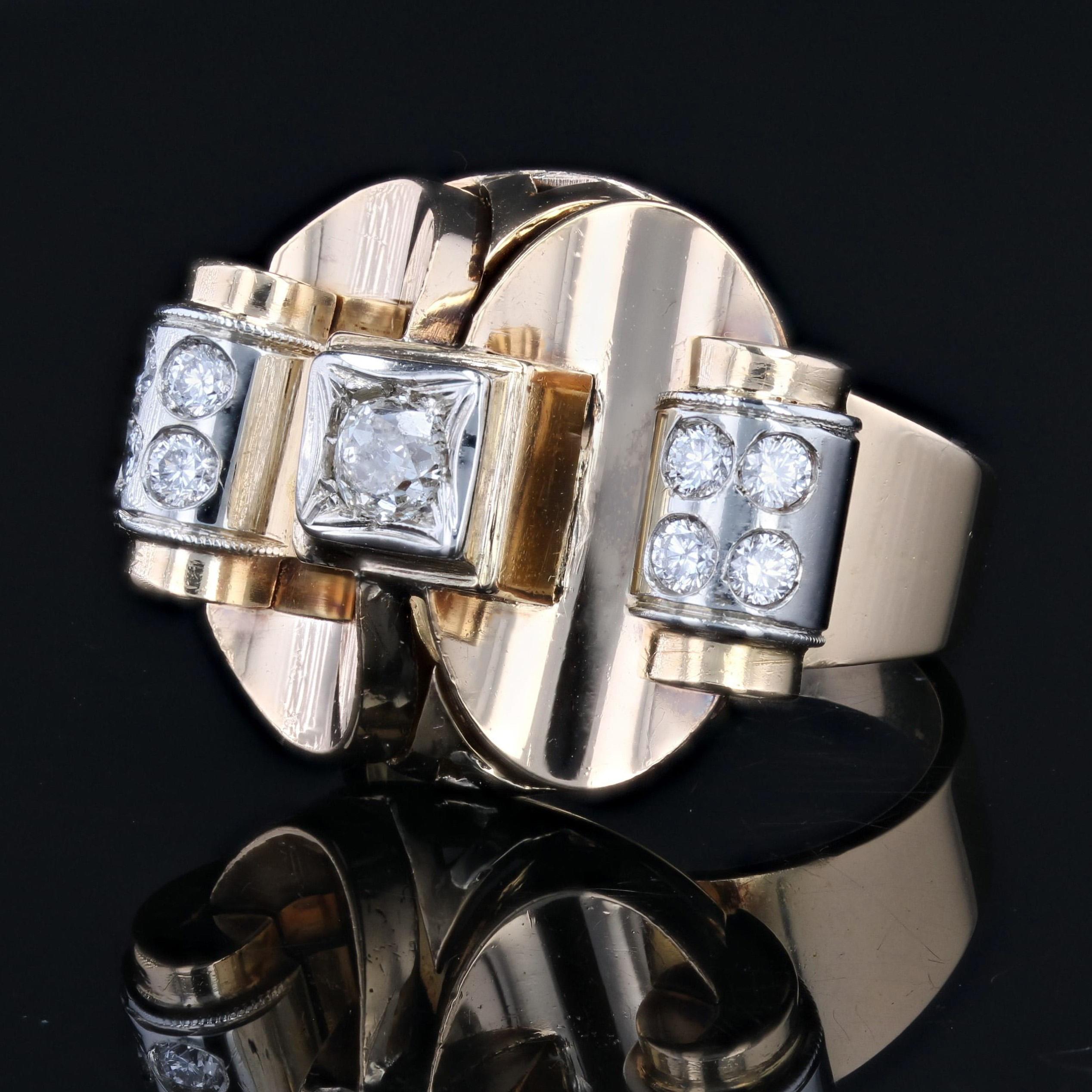 1940s Diamonds 18 Karat Yellow Platinium Gold Retro Ring For Sale 3