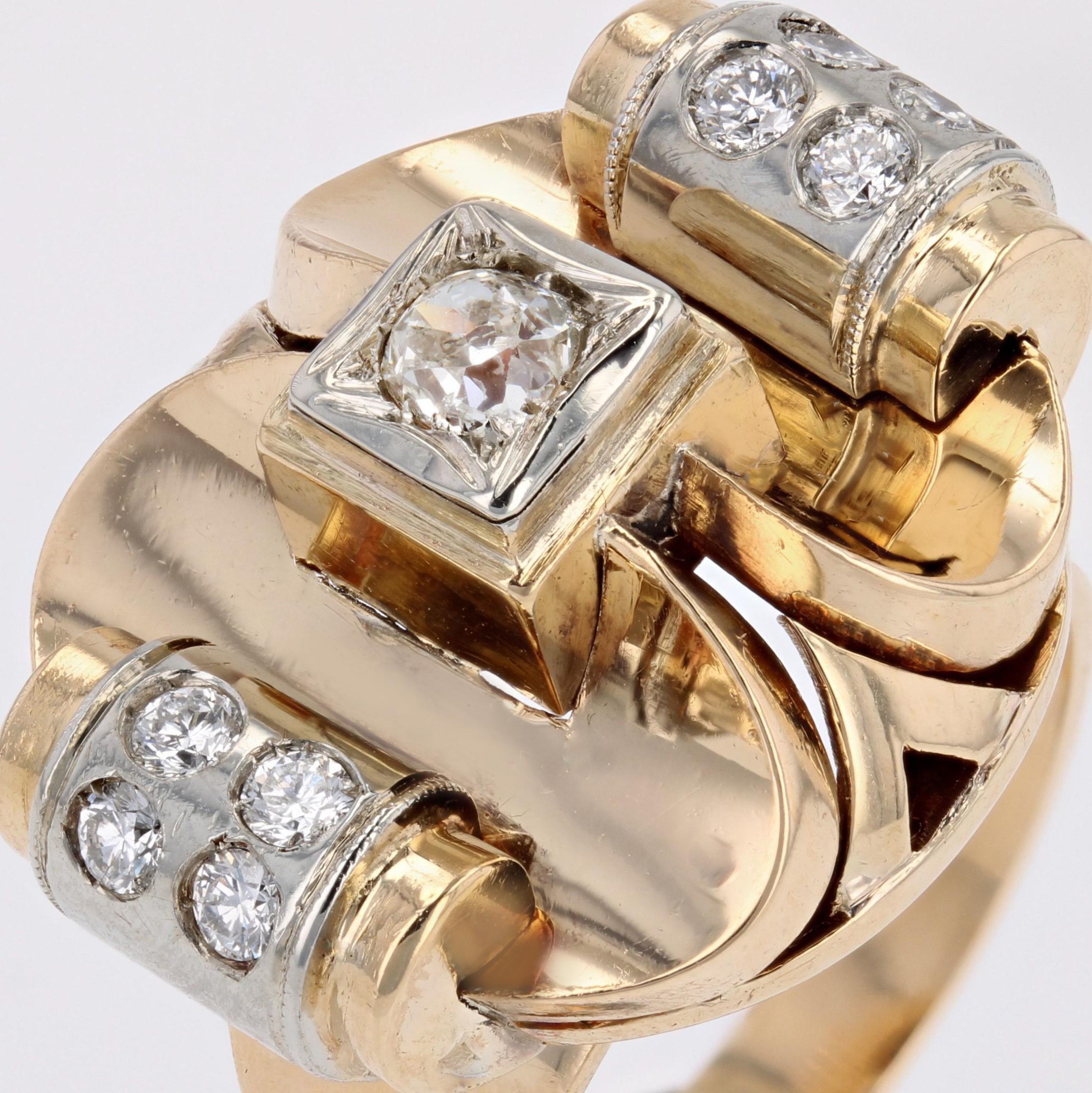 1940s Diamonds 18 Karat Yellow Platinium Gold Retro Ring For Sale 4