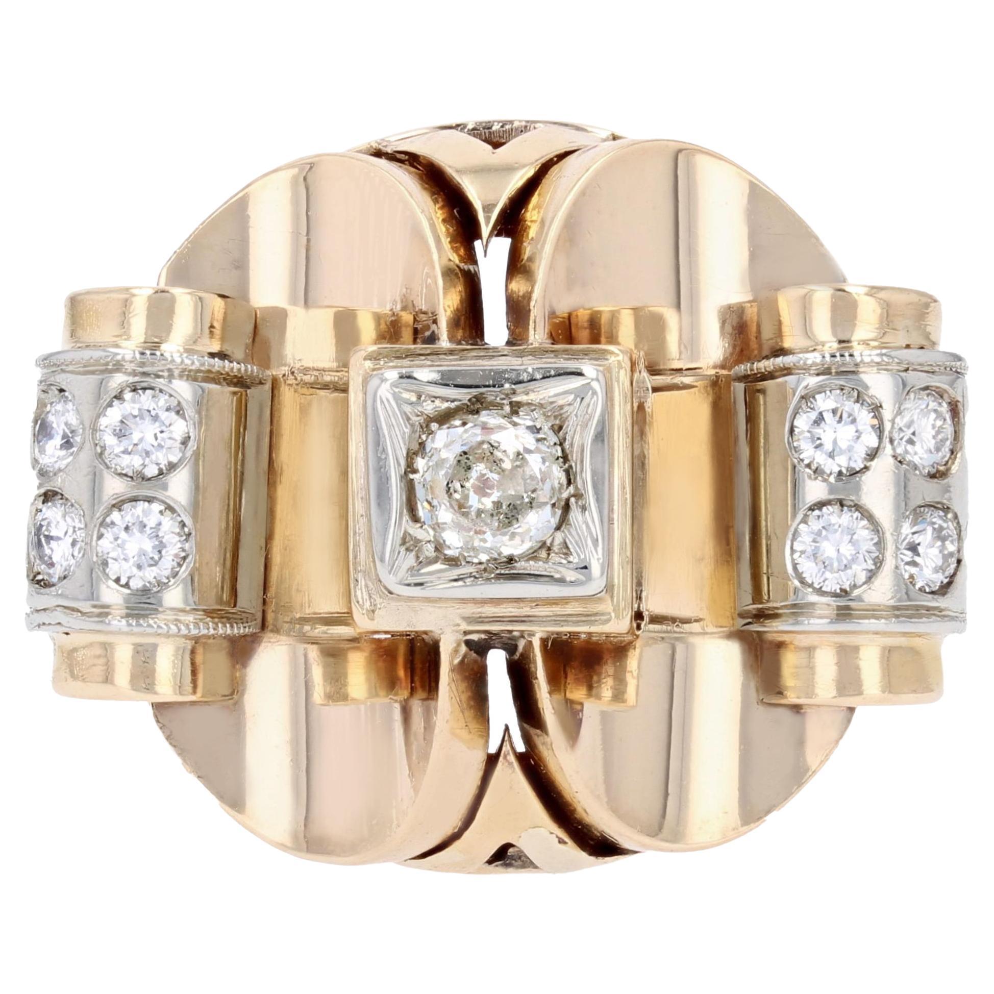 1940s Diamonds 18 Karat Yellow Platinium Gold Retro Ring For Sale