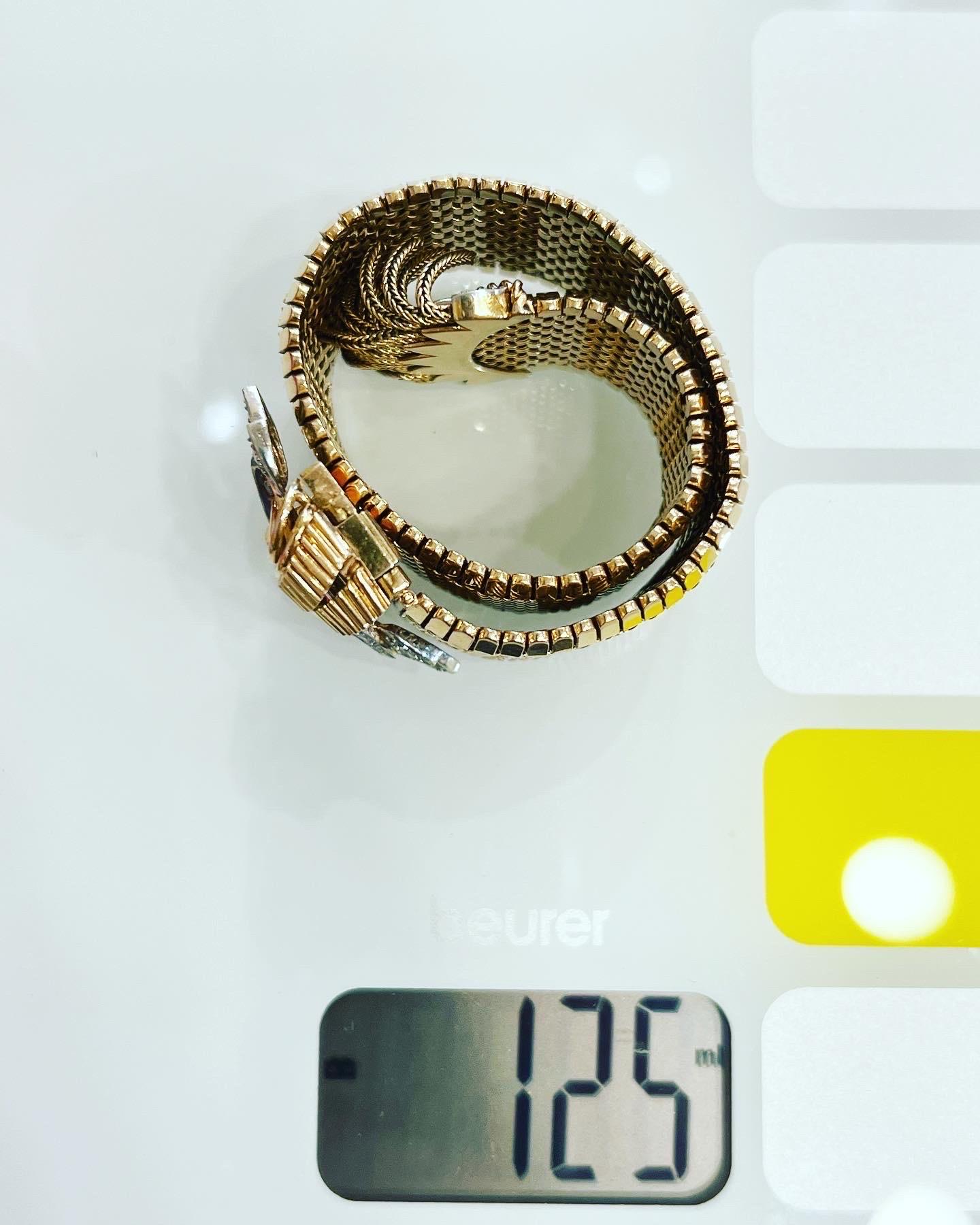 1940s  Diamonds 18k Yellow Gold Platinum Mesh Adjustable Retro Bracelet 10