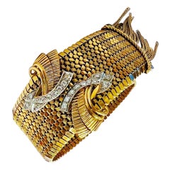 1940s  Diamonds 18k Yellow Gold Platinum Mesh Adjustable Retro Bracelet