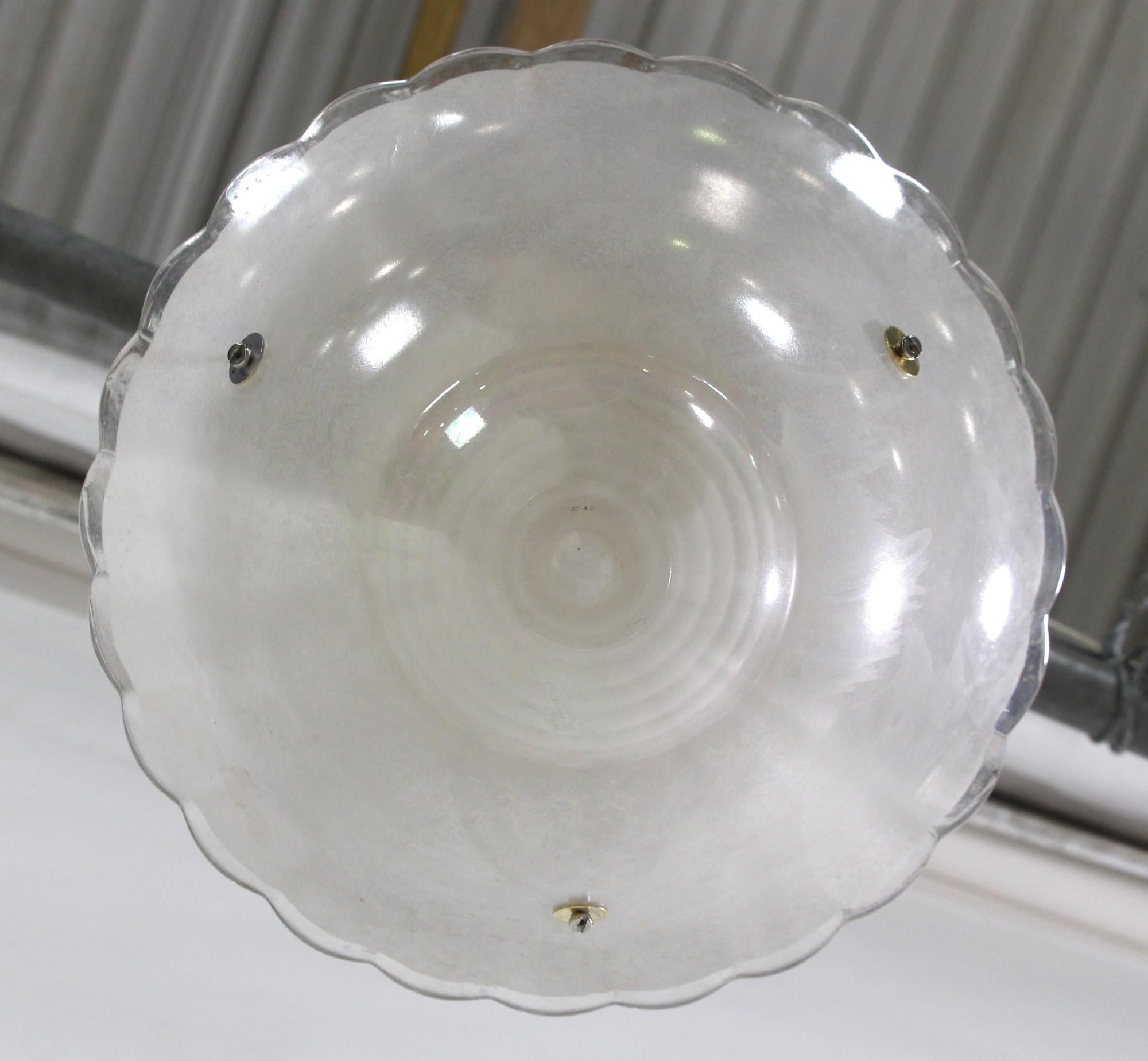 Steel 1940s Dish Semi Flush Mount Light Iridescent Fluted Edge Glass