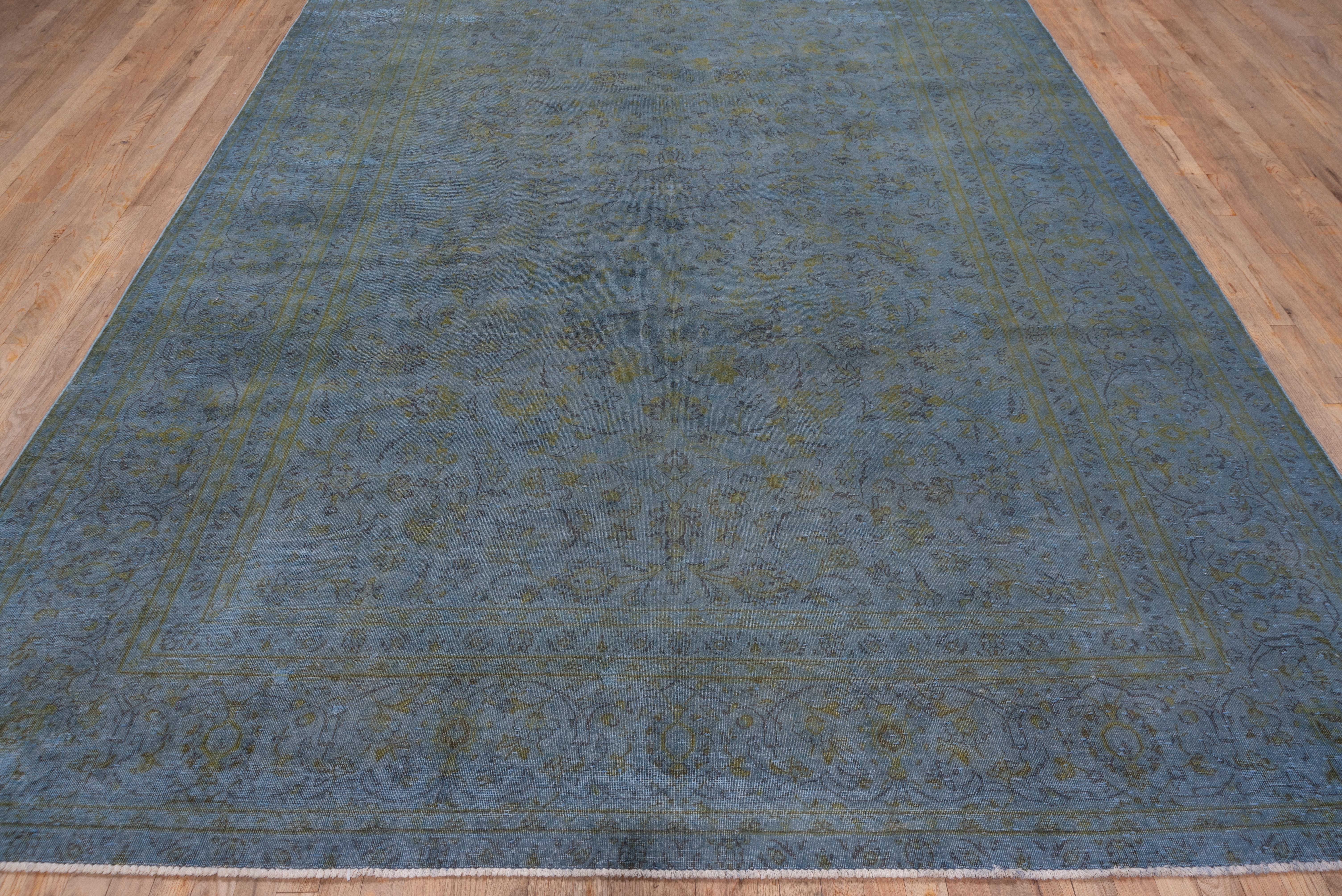 Hand-Knotted 1940s  Distressed Blue Overdyed Rug, Citron Accents  For Sale
