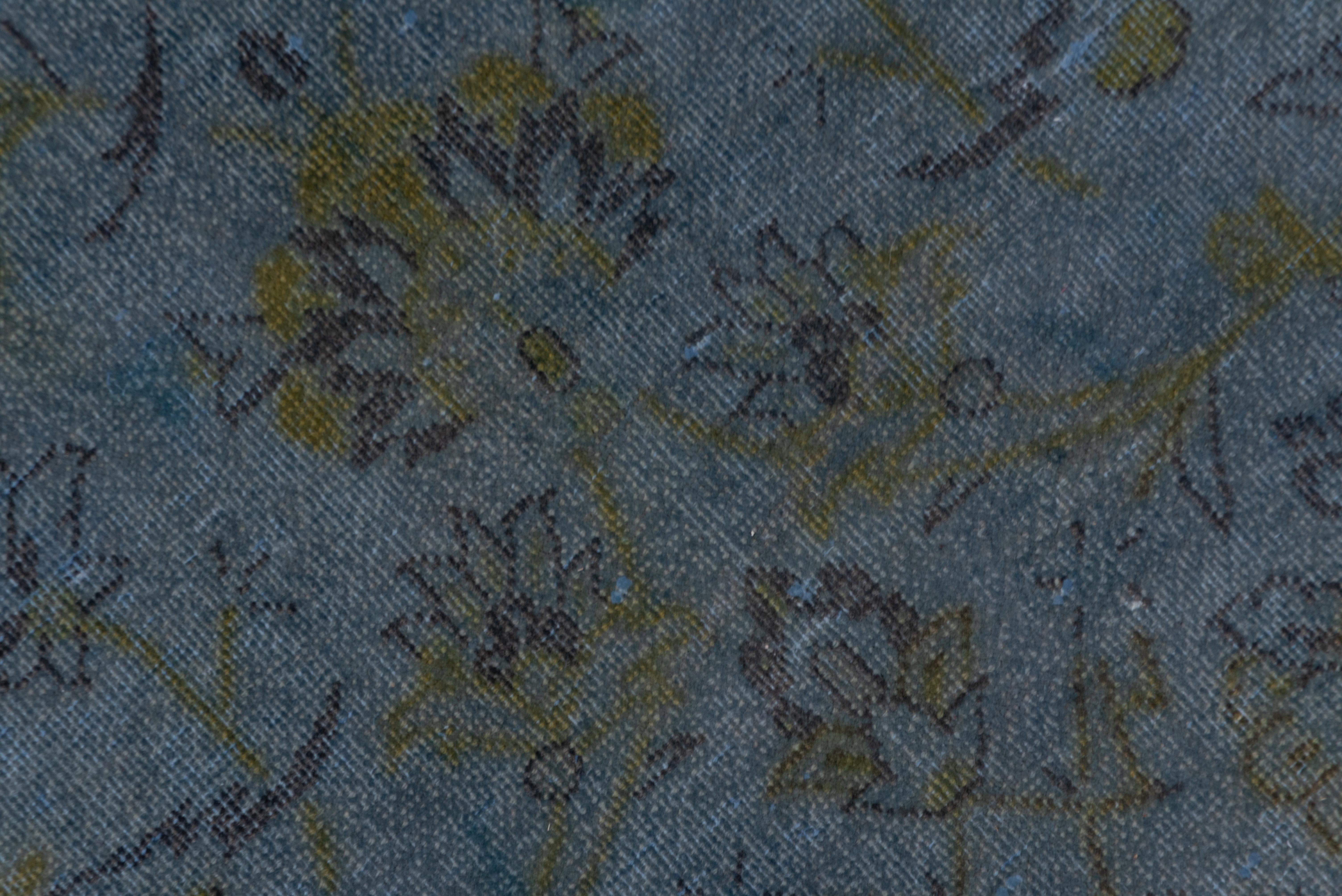Mid-20th Century 1940s  Distressed Blue Overdyed Rug, Citron Accents  For Sale