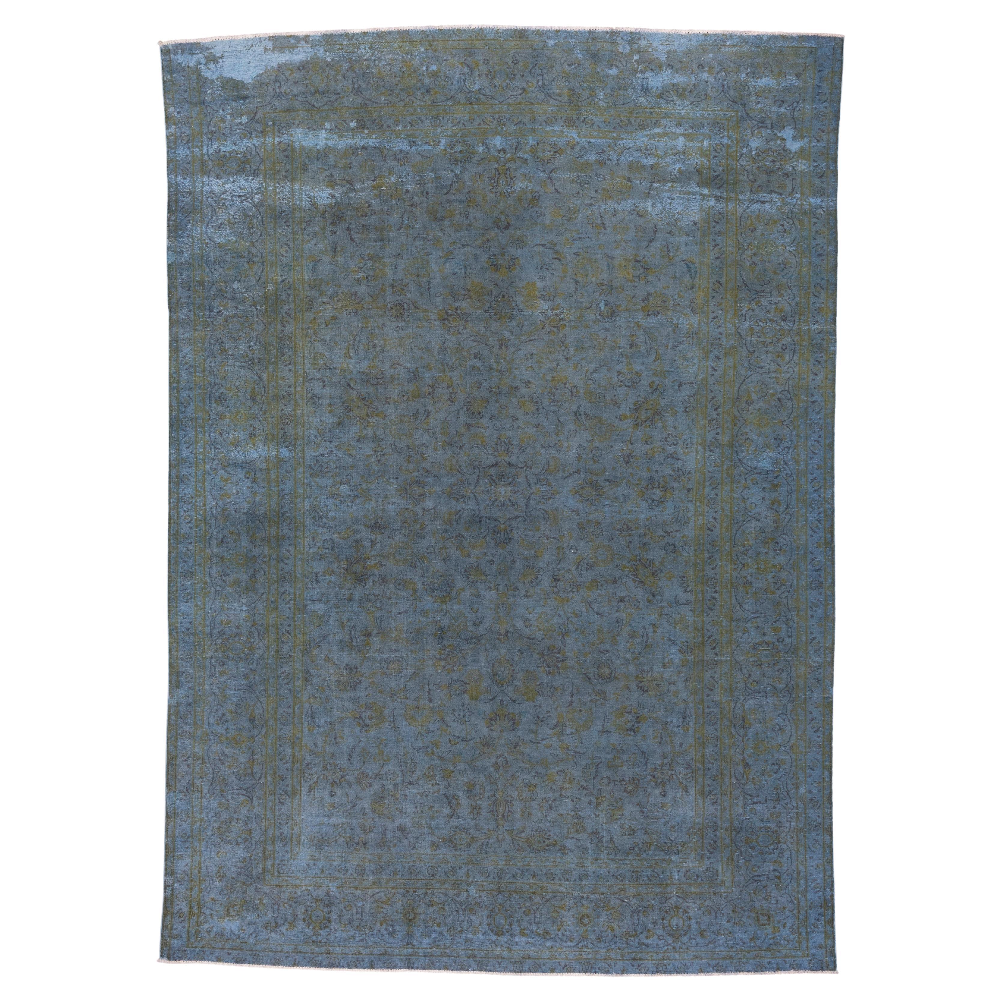 1940s  Distressed Blue Overdyed Rug, Citron Accents 