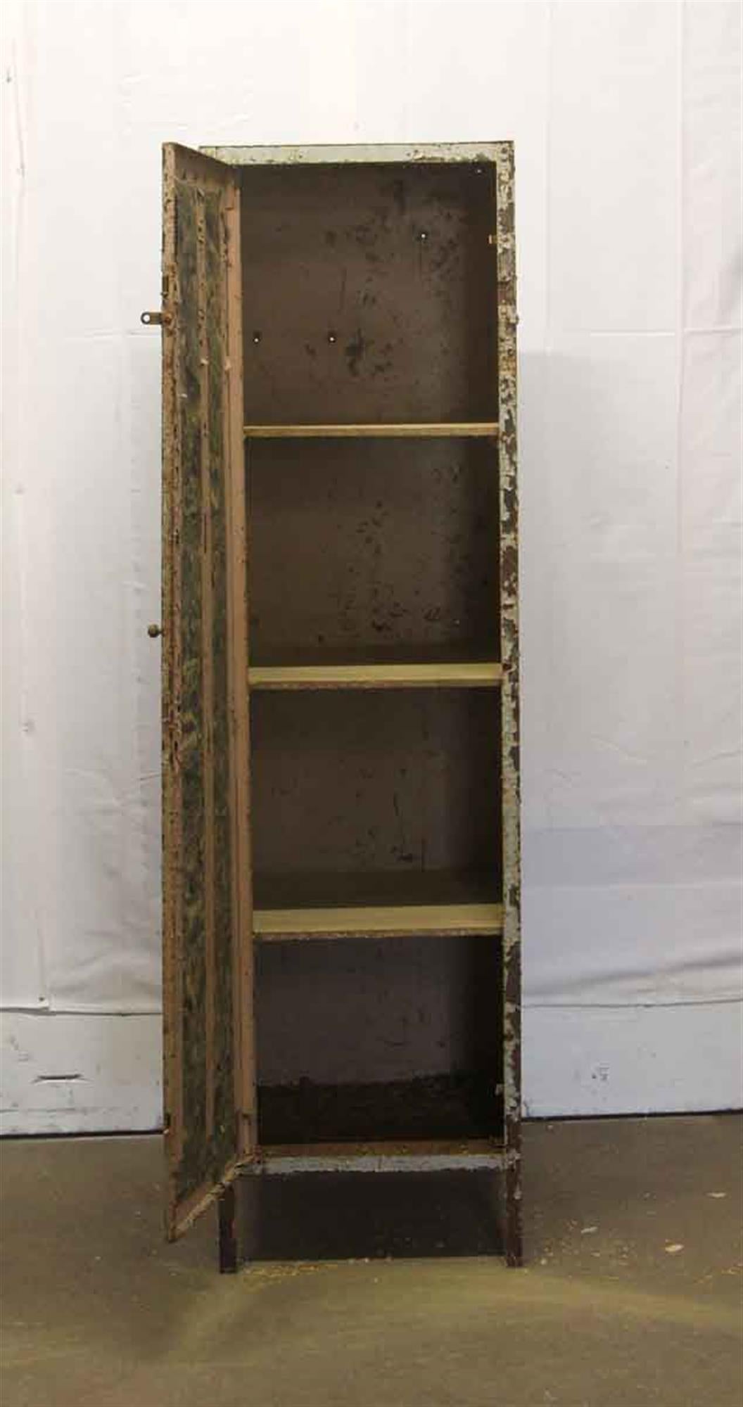 1940s Distressed Paint Brown Steel Locker with Wood Shelves In Fair Condition In New York, NY