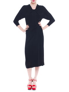 1940S DOROTHY O'hara Black Silk Crepe Draped Pleat Day Dress