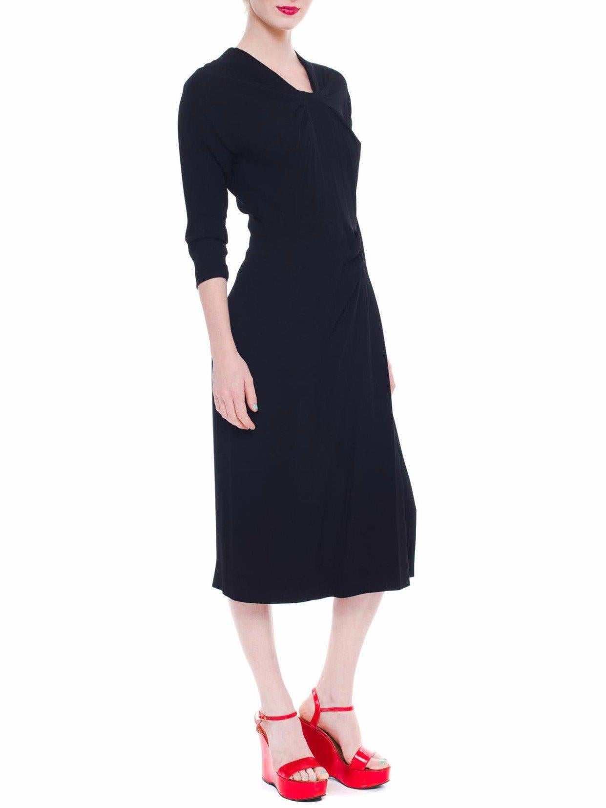 Women's 1940S DOROTHY O'hara Black Silk Crepe Draped Pleat Day Dress