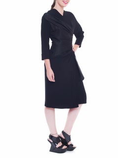 1940S DOROTHY O'hara Black Silk Crepe & Taffeta Asymmetrical Draped Dress