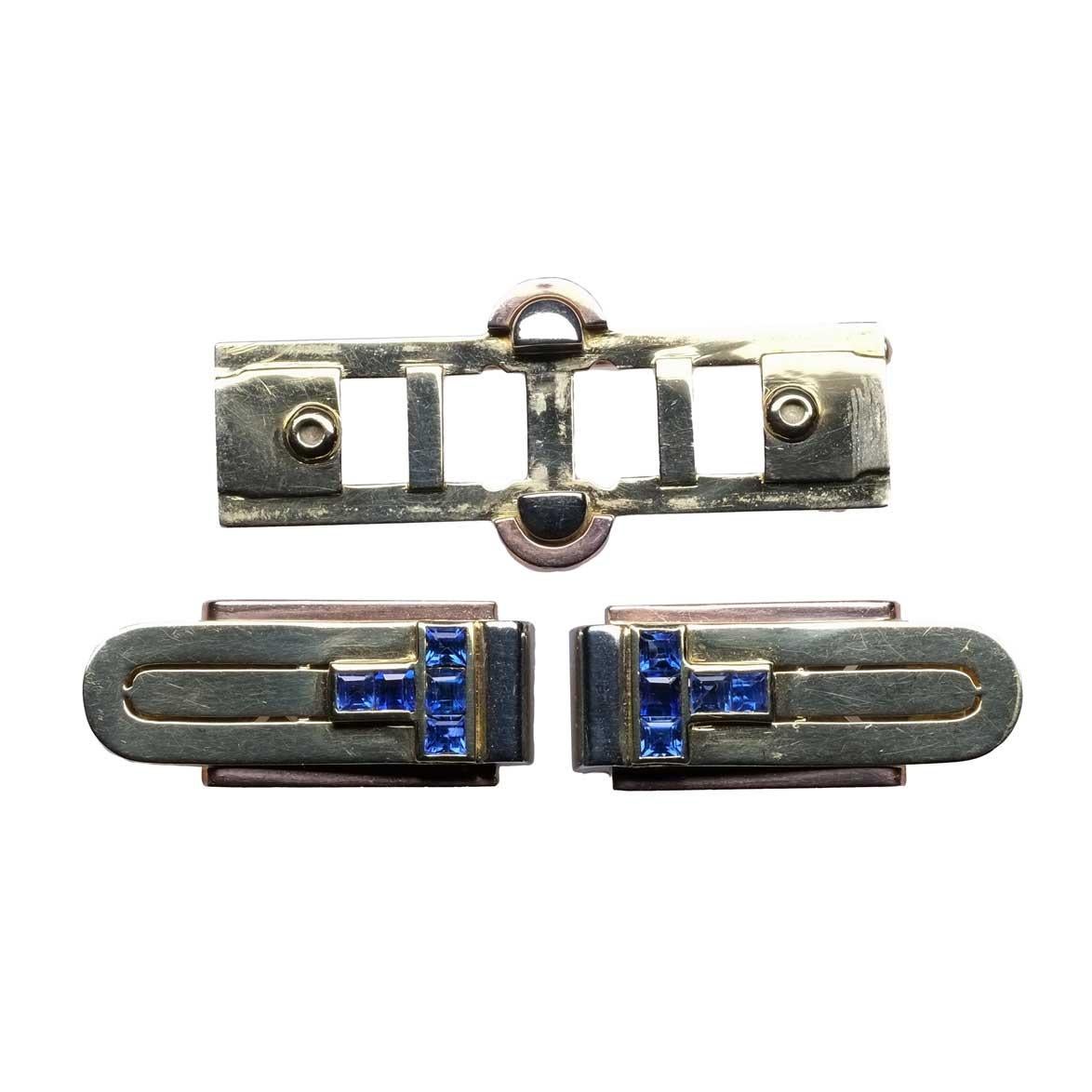 Women's or Men's 1940's Double Clip Brooch Three tone gold & Sapphires For Sale
