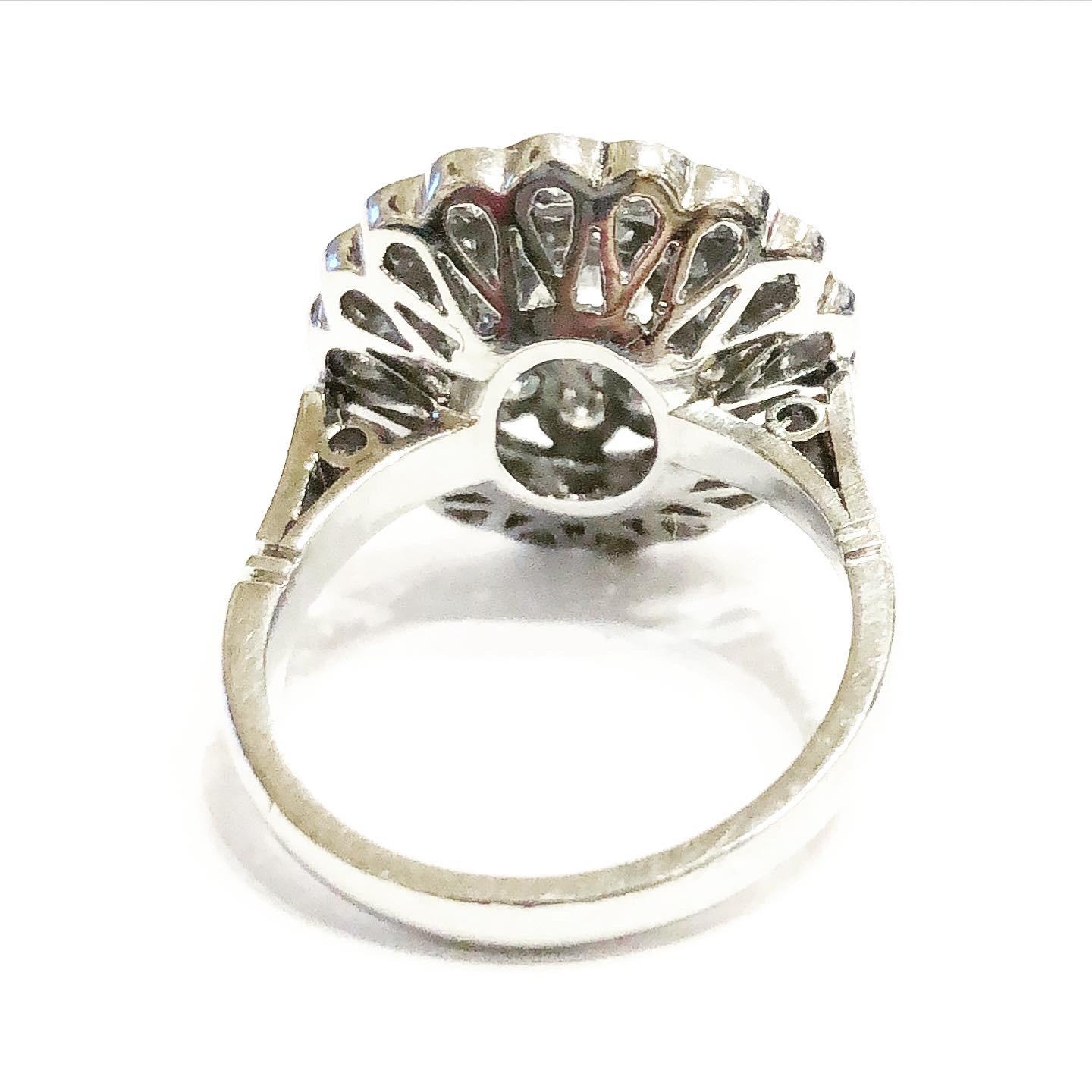 Retro 1940s Double Halo Platinum 1.98 Carat Diamond Engagement Platinum Cluster Ring For Sale