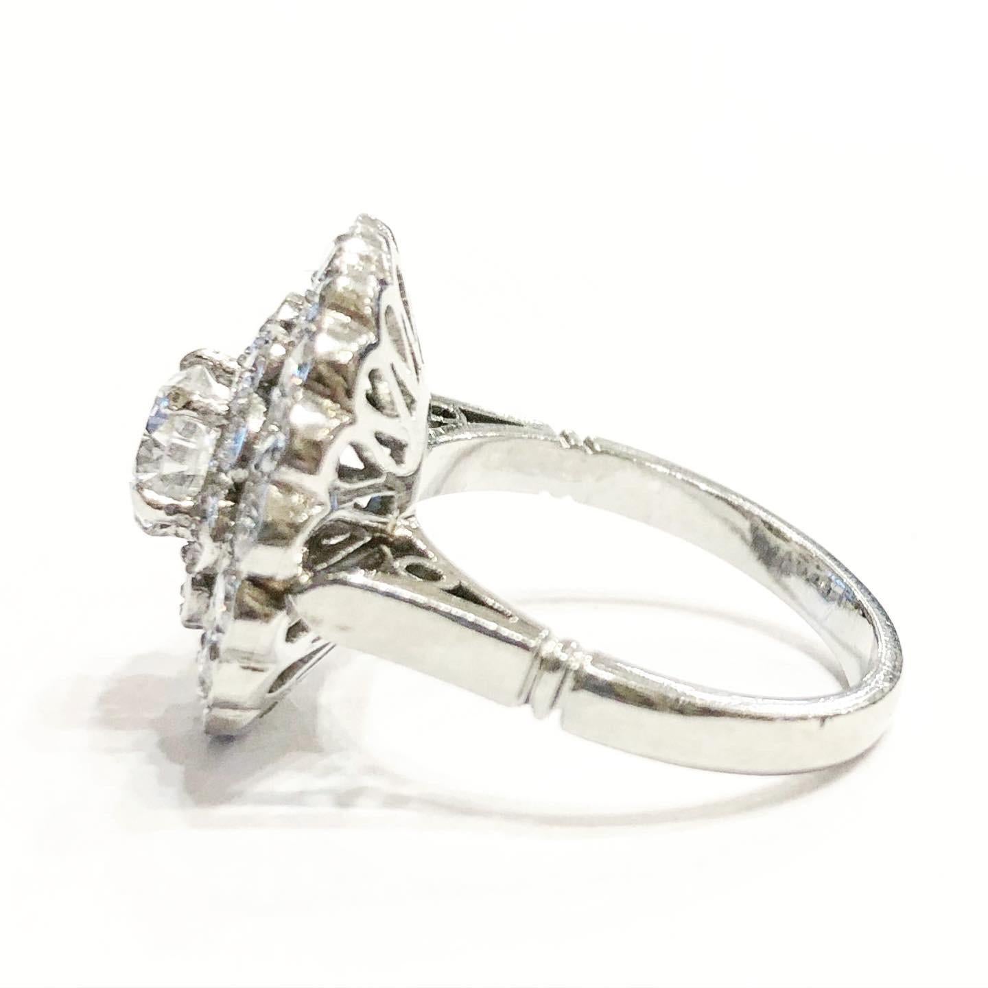Brilliant Cut 1940s Double Halo Platinum 1.98 Carat Diamond Engagement Platinum Cluster Ring For Sale