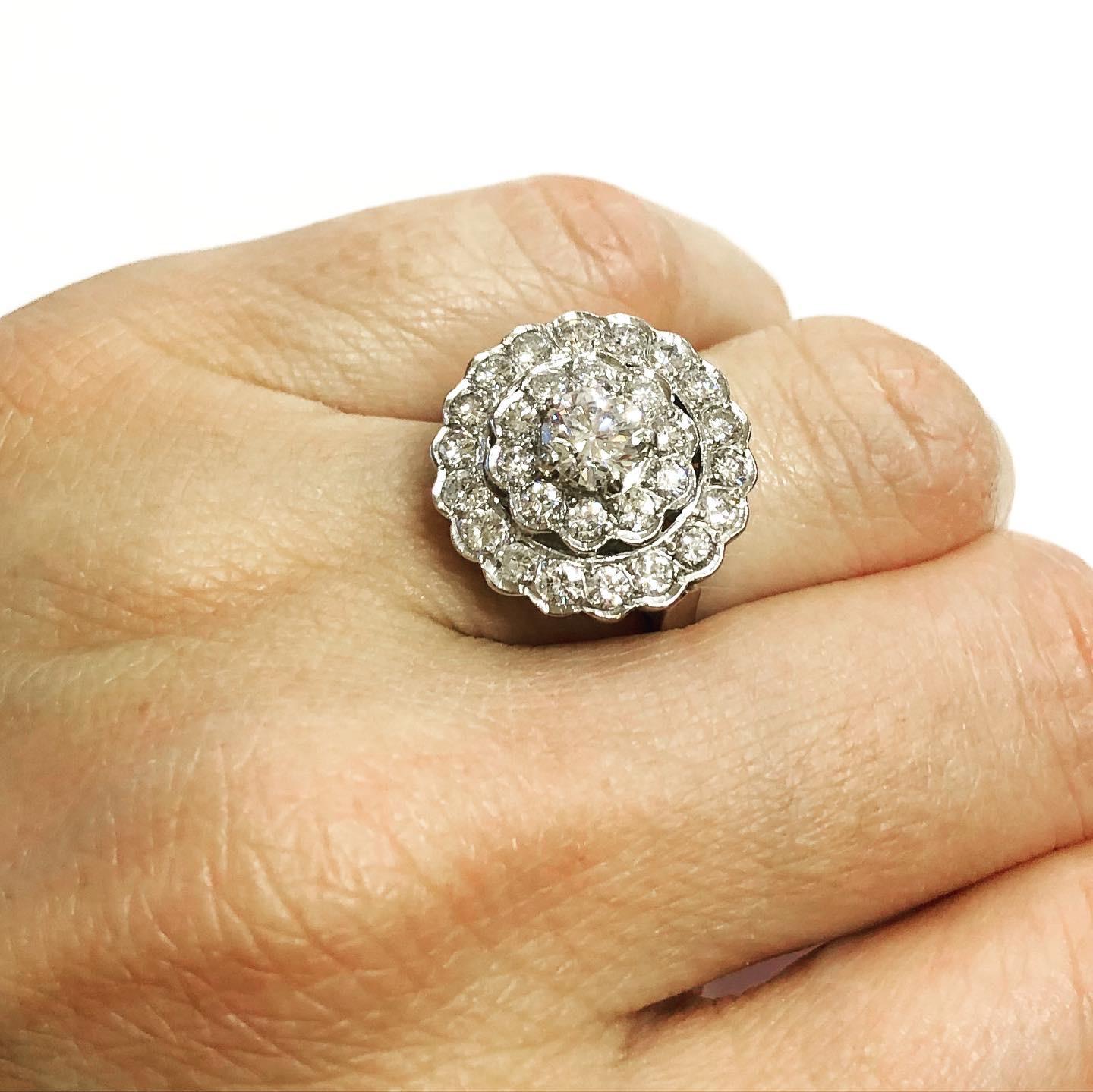 Women's 1940s Double Halo Platinum 1.98 Carat Diamond Engagement Platinum Cluster Ring For Sale