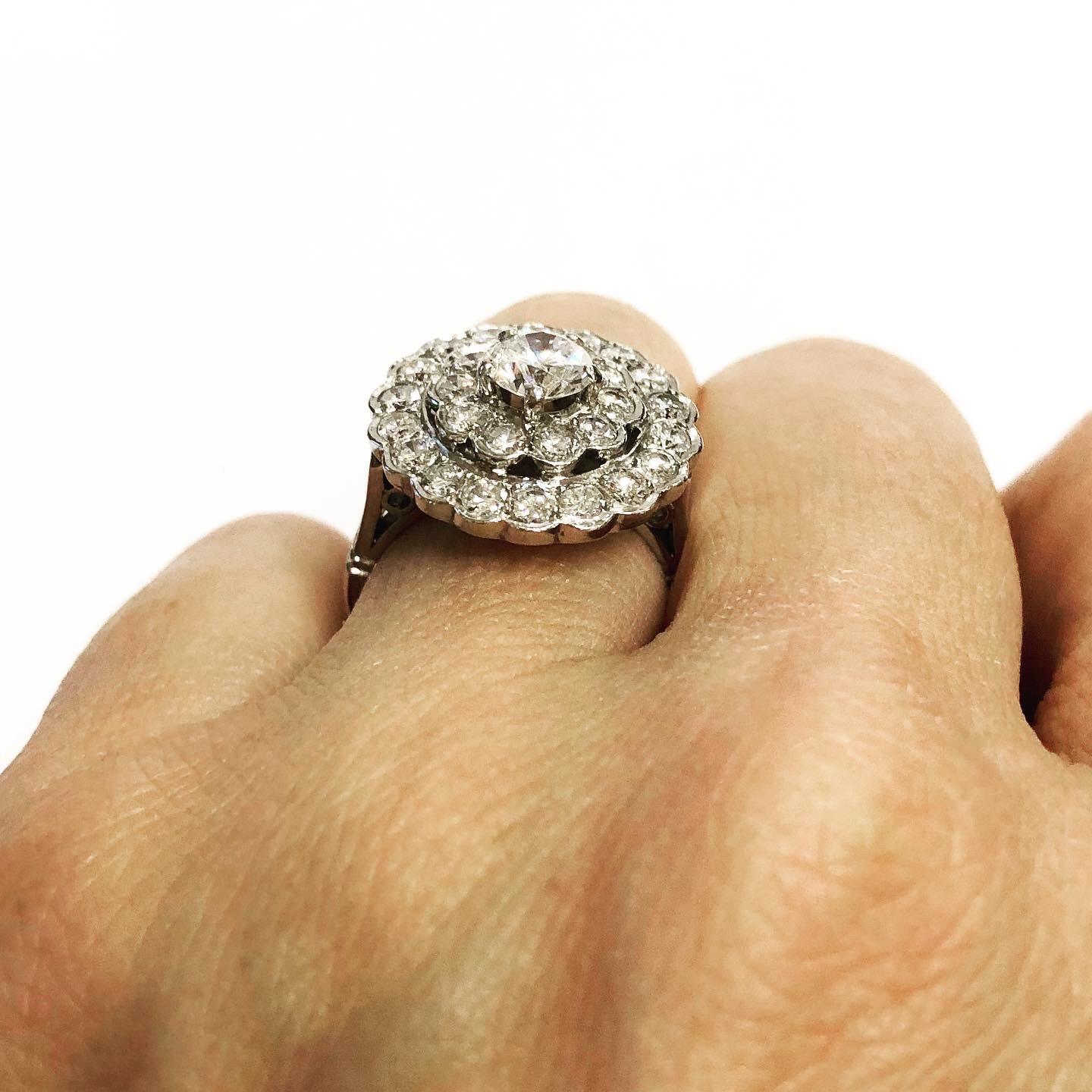 1940s Double Halo Platinum 1.98 Carat Diamond Engagement Platinum Cluster Ring For Sale 1