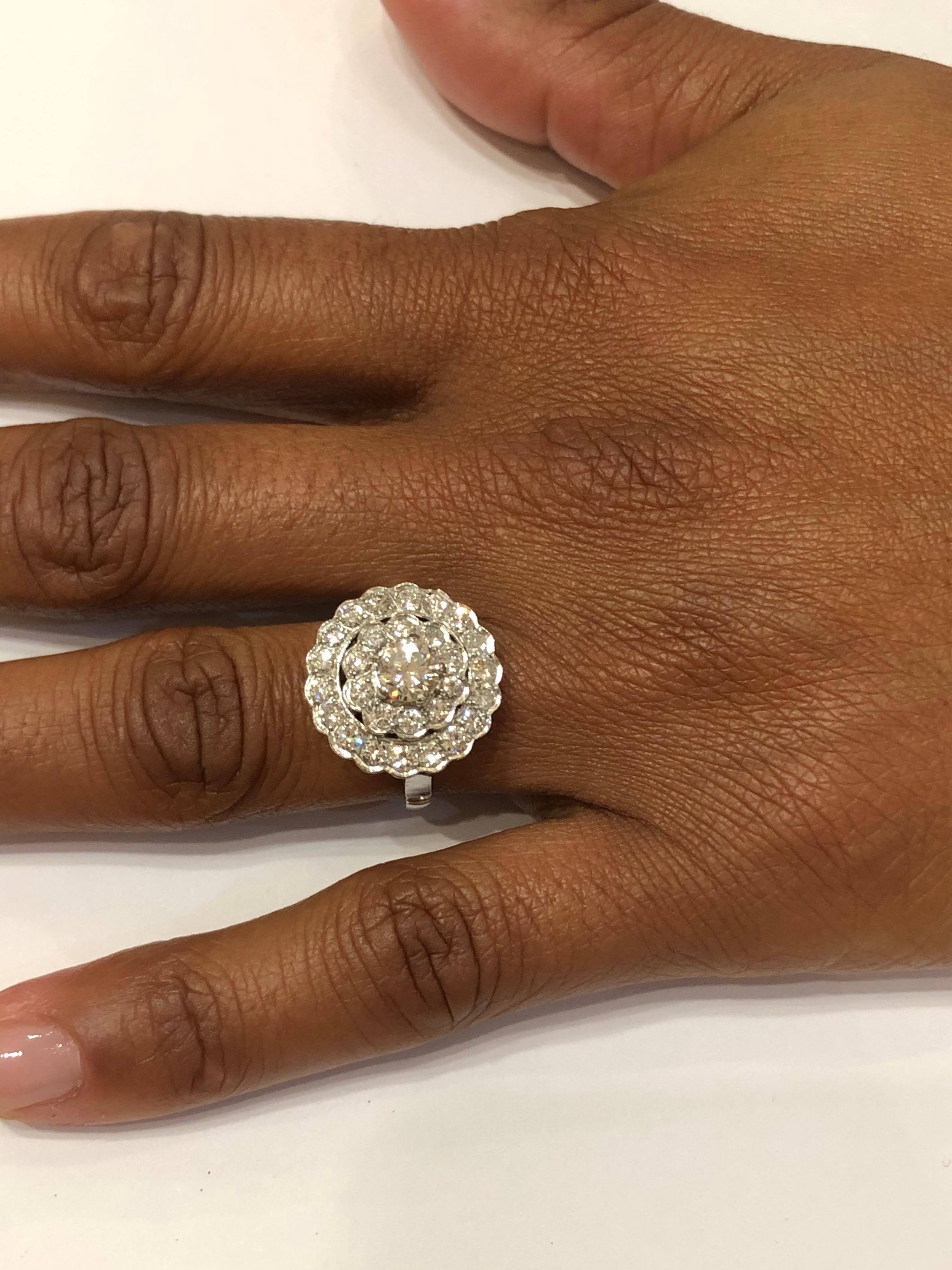 1940s Double Halo Platinum 1.98 Carat Diamond Engagement Platinum Cluster Ring For Sale 2