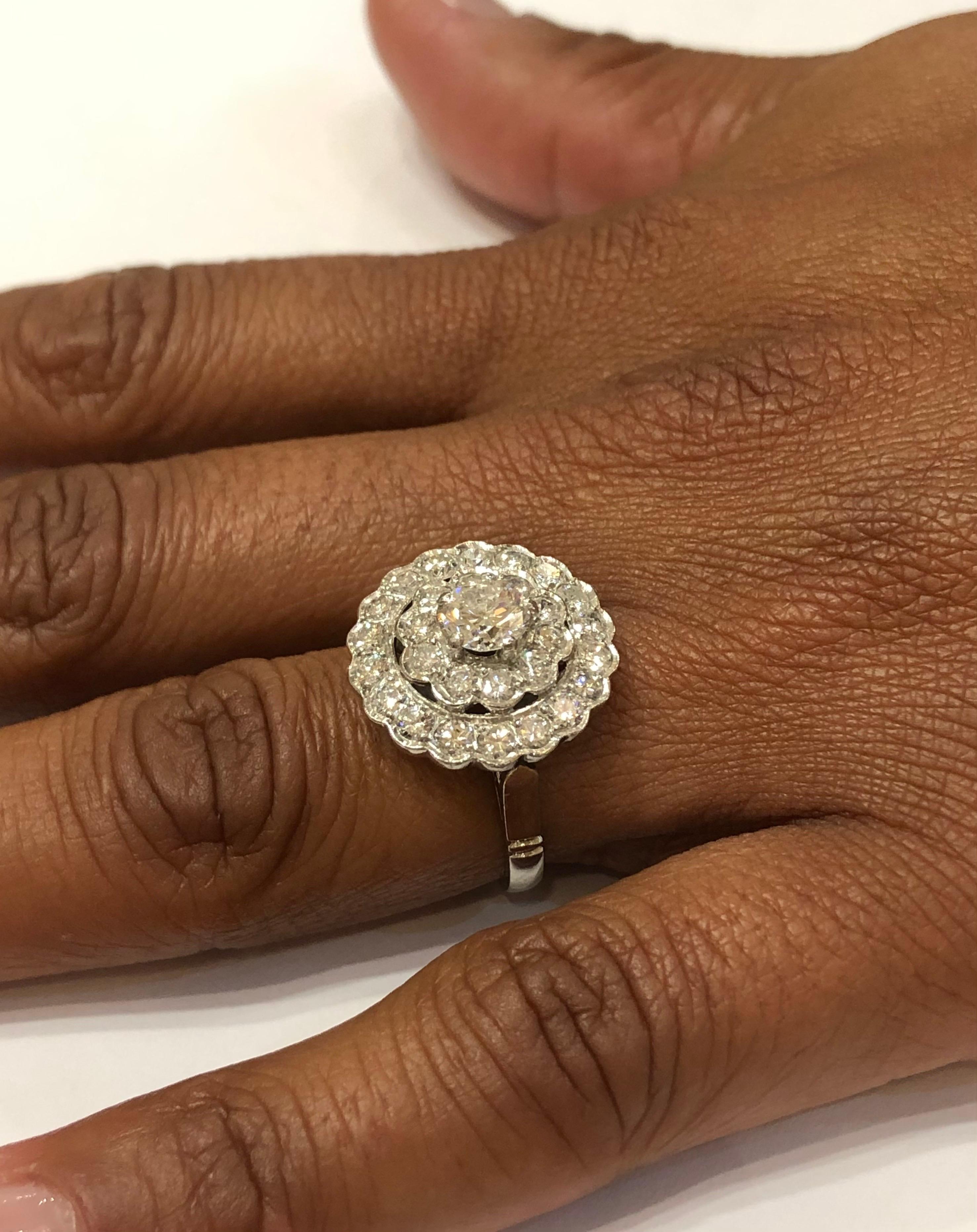 1940s Double Halo Platinum 1.98 Carat Diamond Engagement Platinum Cluster Ring For Sale 3