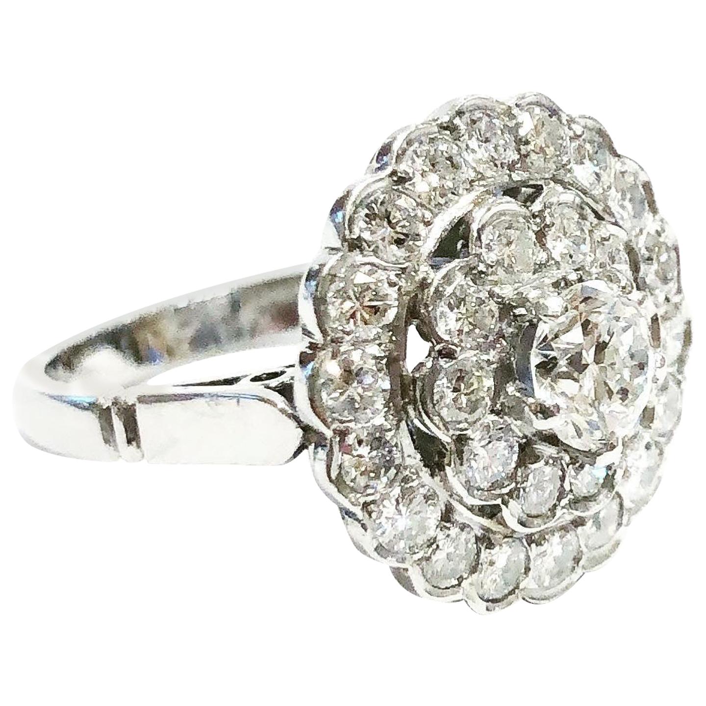 1940s Double Halo Platinum 1.98 Carat Diamond Engagement Platinum Cluster Ring For Sale