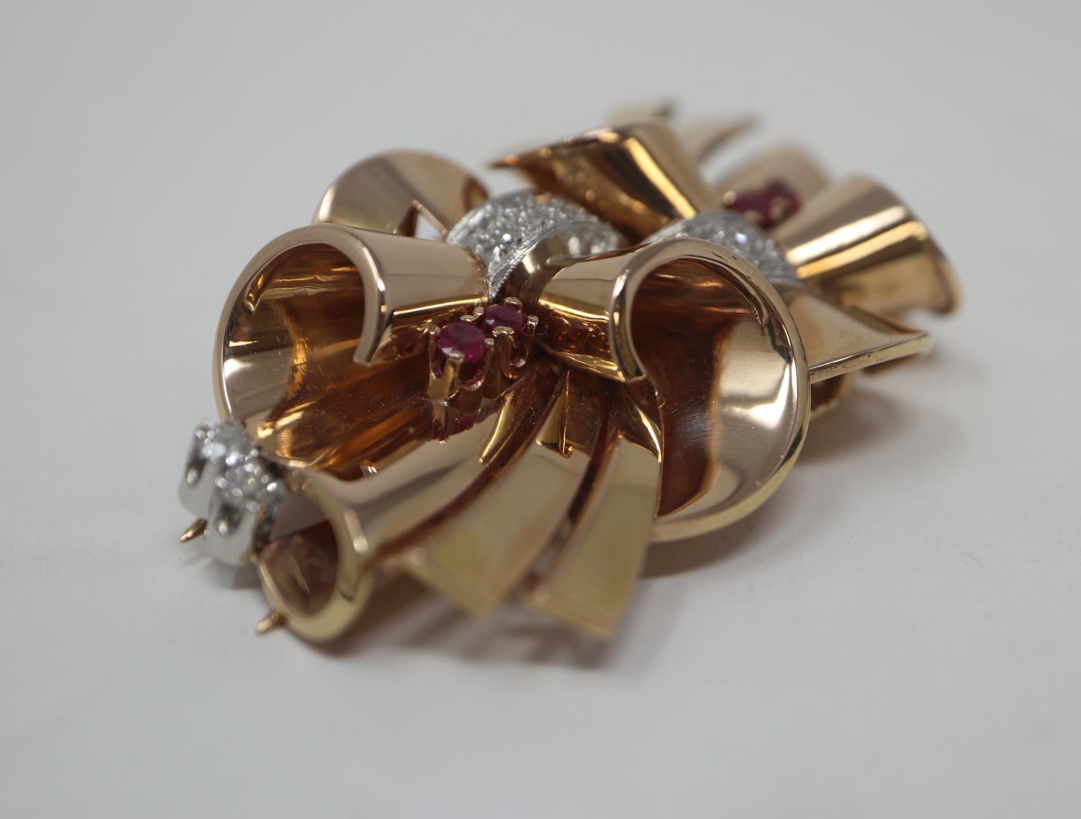 Retro 1940'S Dress Clips Rubies and Diamonds Convertable to Brooch 14K Rose Gold For Sale