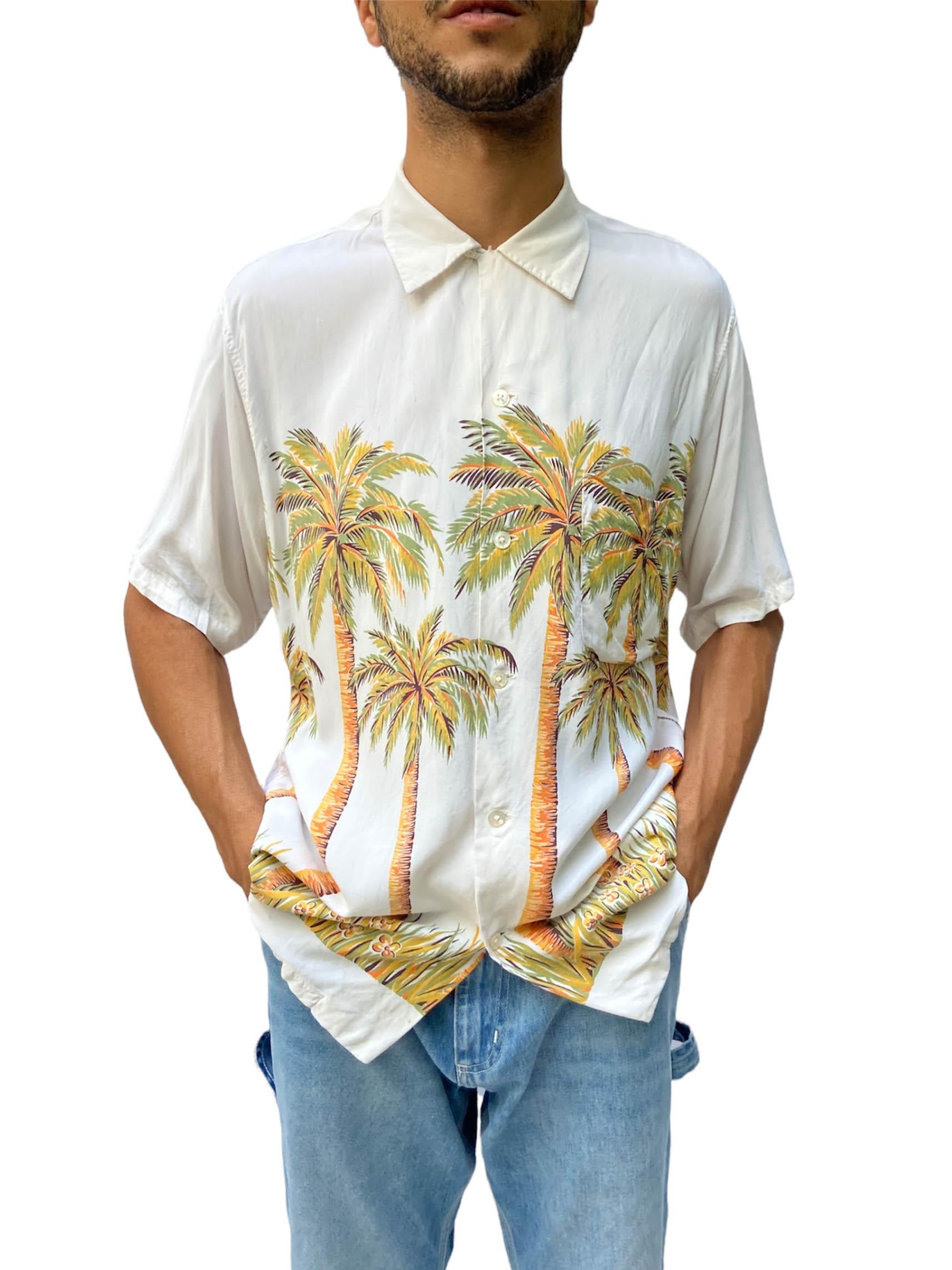 Men's 1940S Duke Champion Cream Palm Tree Rayon Hawaiian  Shirt