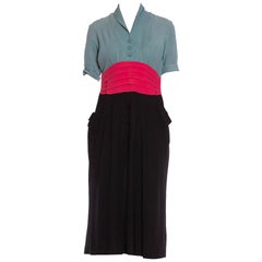 1940S Dusty Blue, Pink & Black Rayon Crepe Dress