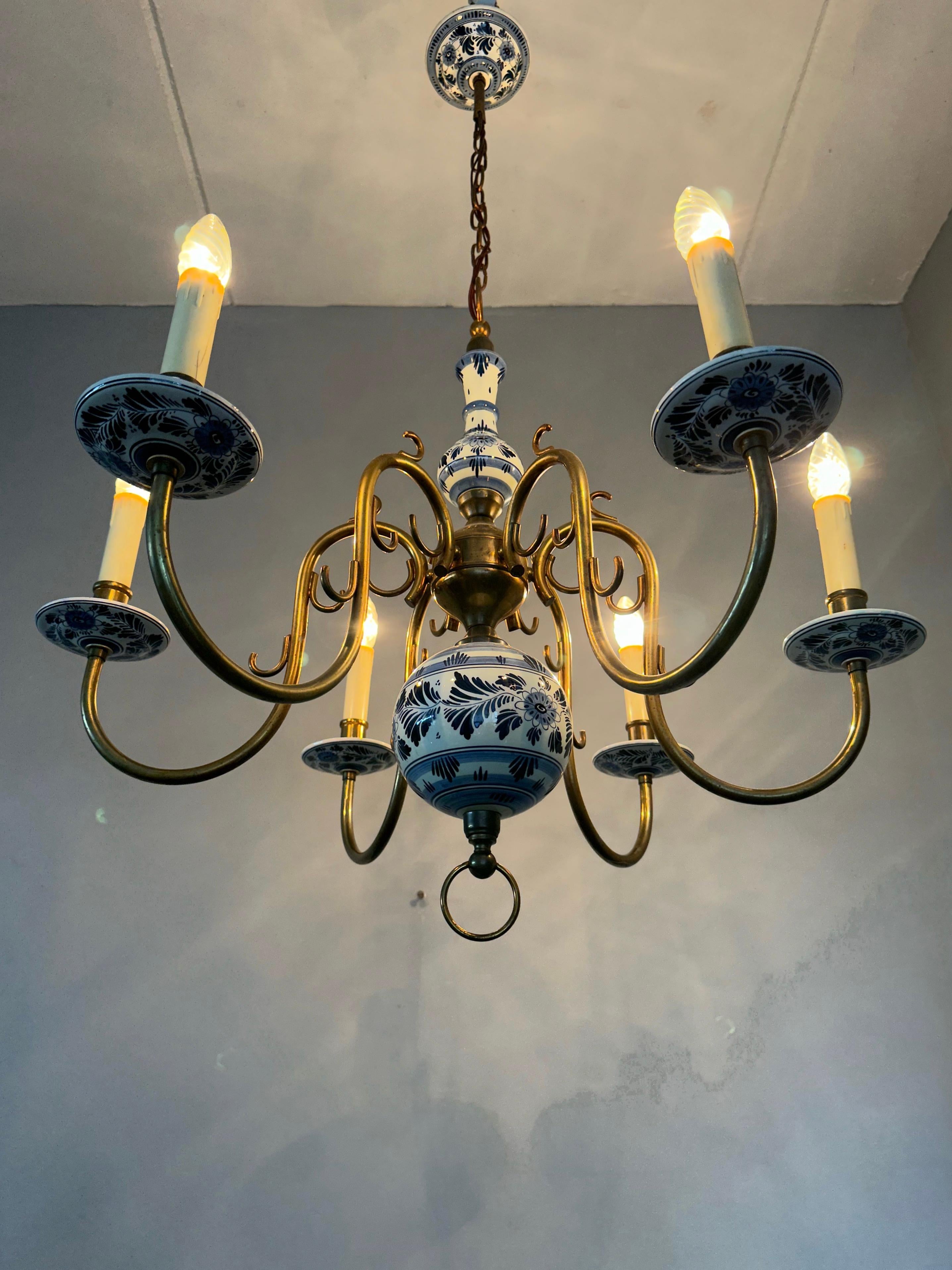 1940s Dutch Brass and Porcelain Hand Painted Delft Blue and White Chandelier 7