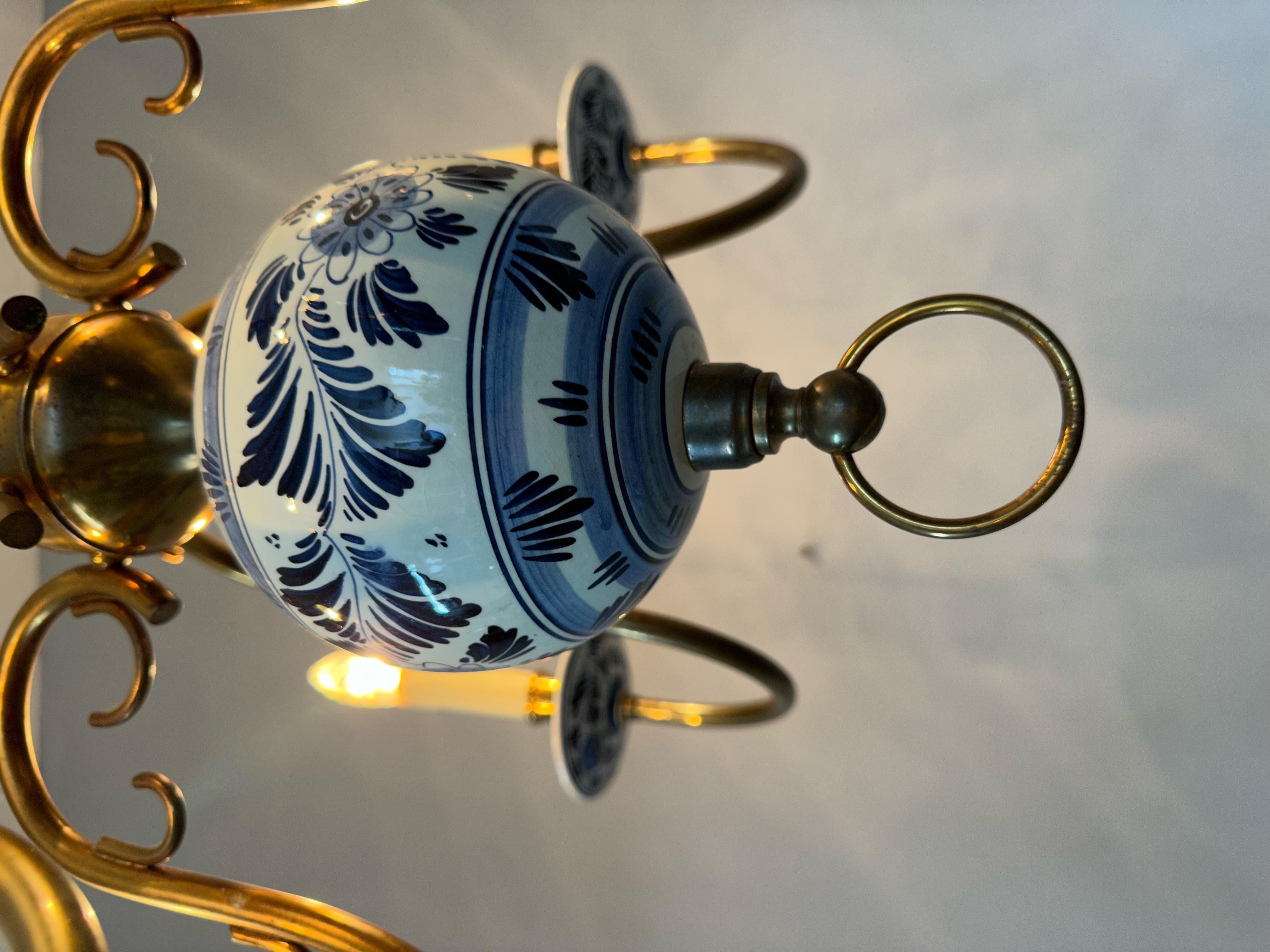 1940s Dutch Brass and Porcelain Hand Painted Delft Blue and White Chandelier 8