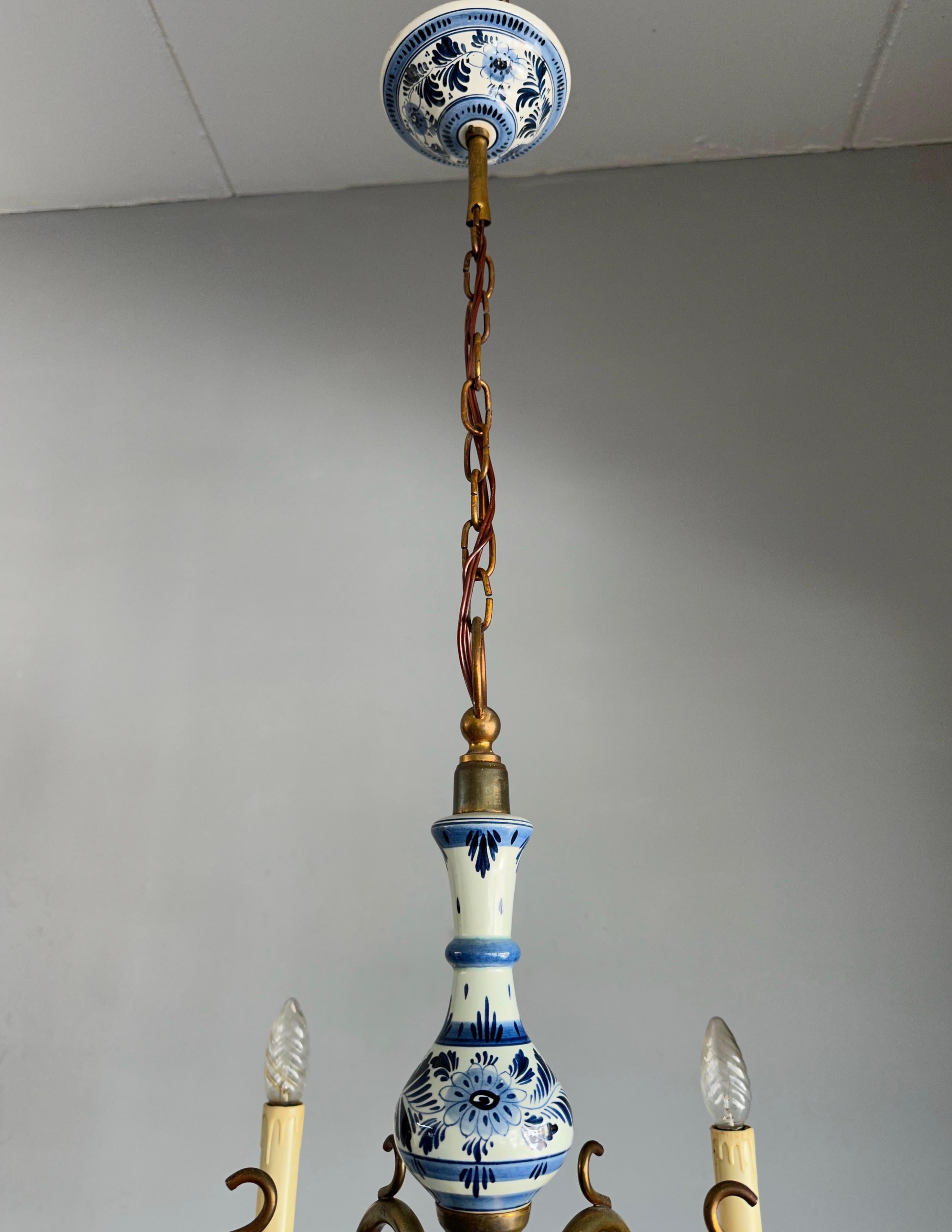 Other 1940s Dutch Brass and Porcelain Hand Painted Delft Blue and White Chandelier