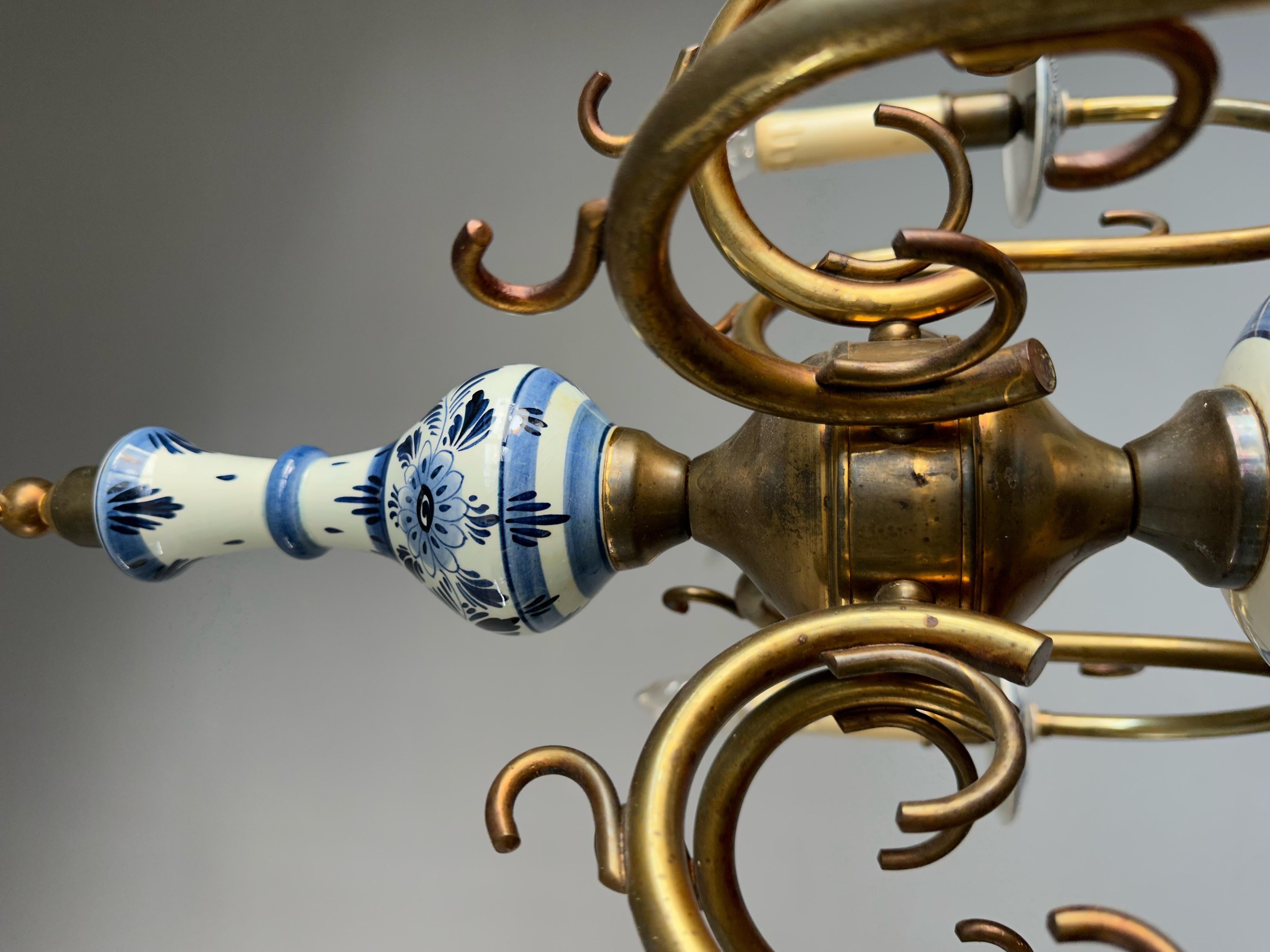 Hand-Crafted 1940s Dutch Brass and Porcelain Hand Painted Delft Blue and White Chandelier
