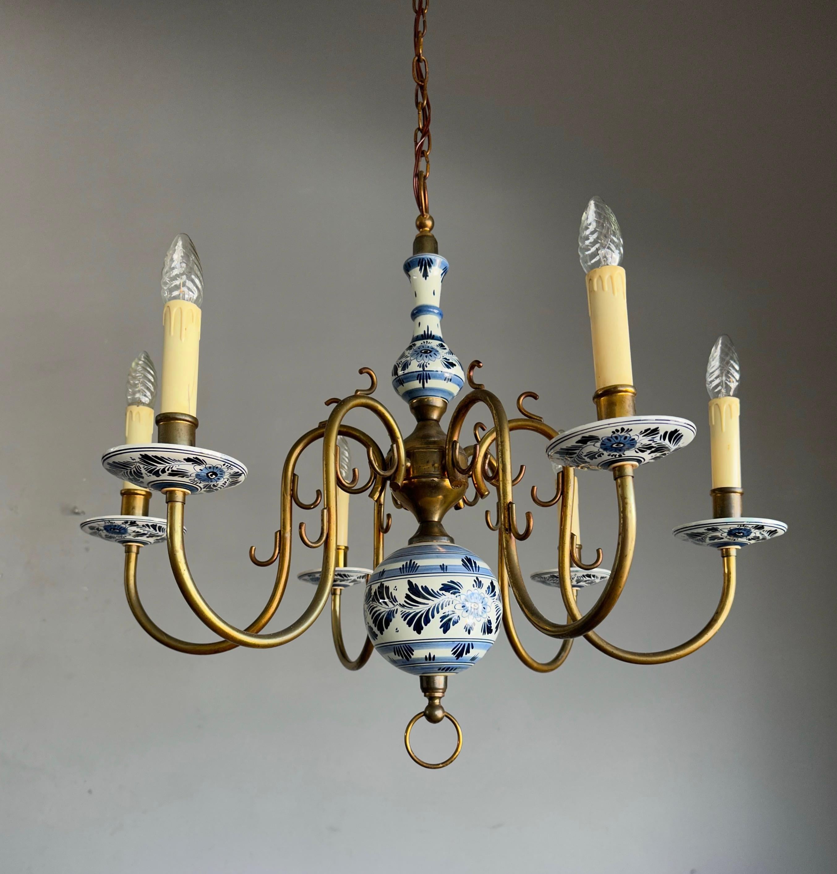 1940s Dutch Brass and Porcelain Hand Painted Delft Blue and White Chandelier 2