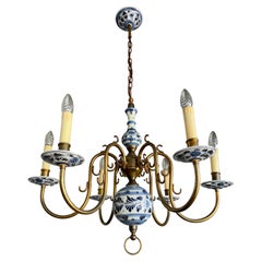 1940s Dutch Brass and Porcelain Hand Painted Delft Blue and White Chandelier