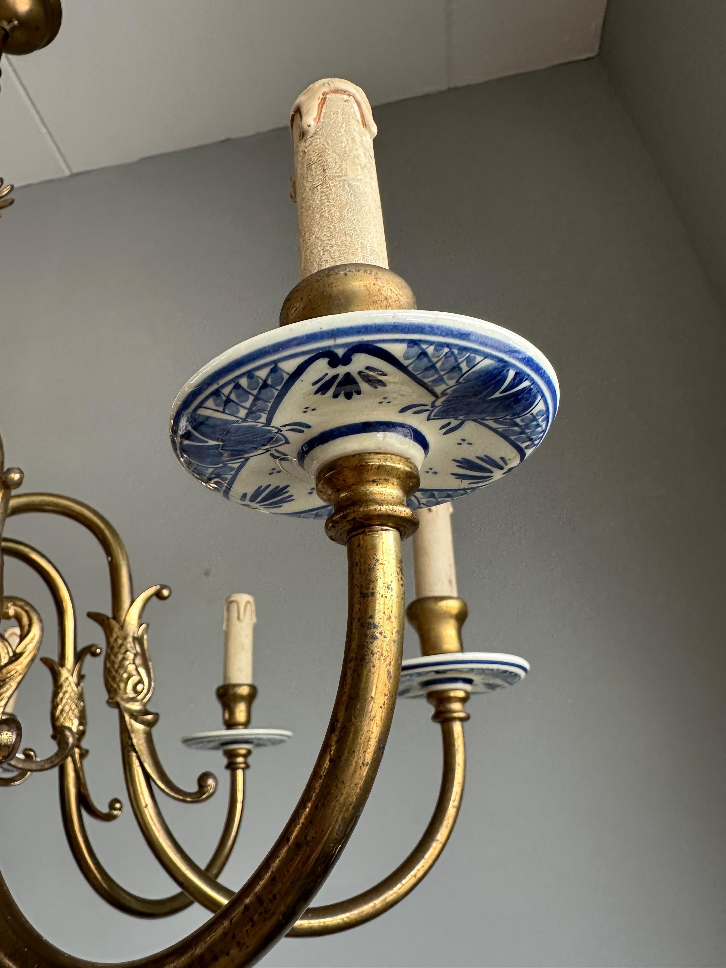 1940s Dutch Large Brass & Porcelain Hand Painted Delft Blue and White Chandelier 5