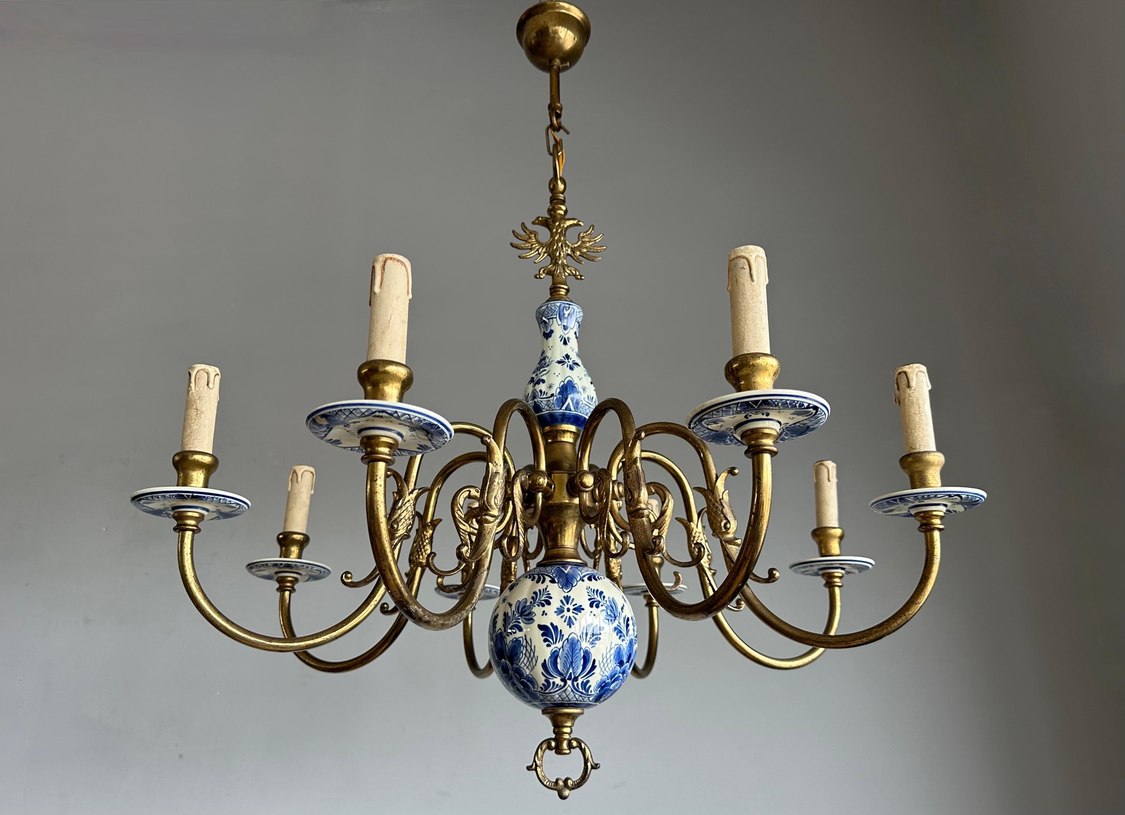 1940s Dutch Large Brass & Porcelain Hand Painted Delft Blue and White Chandelier 8