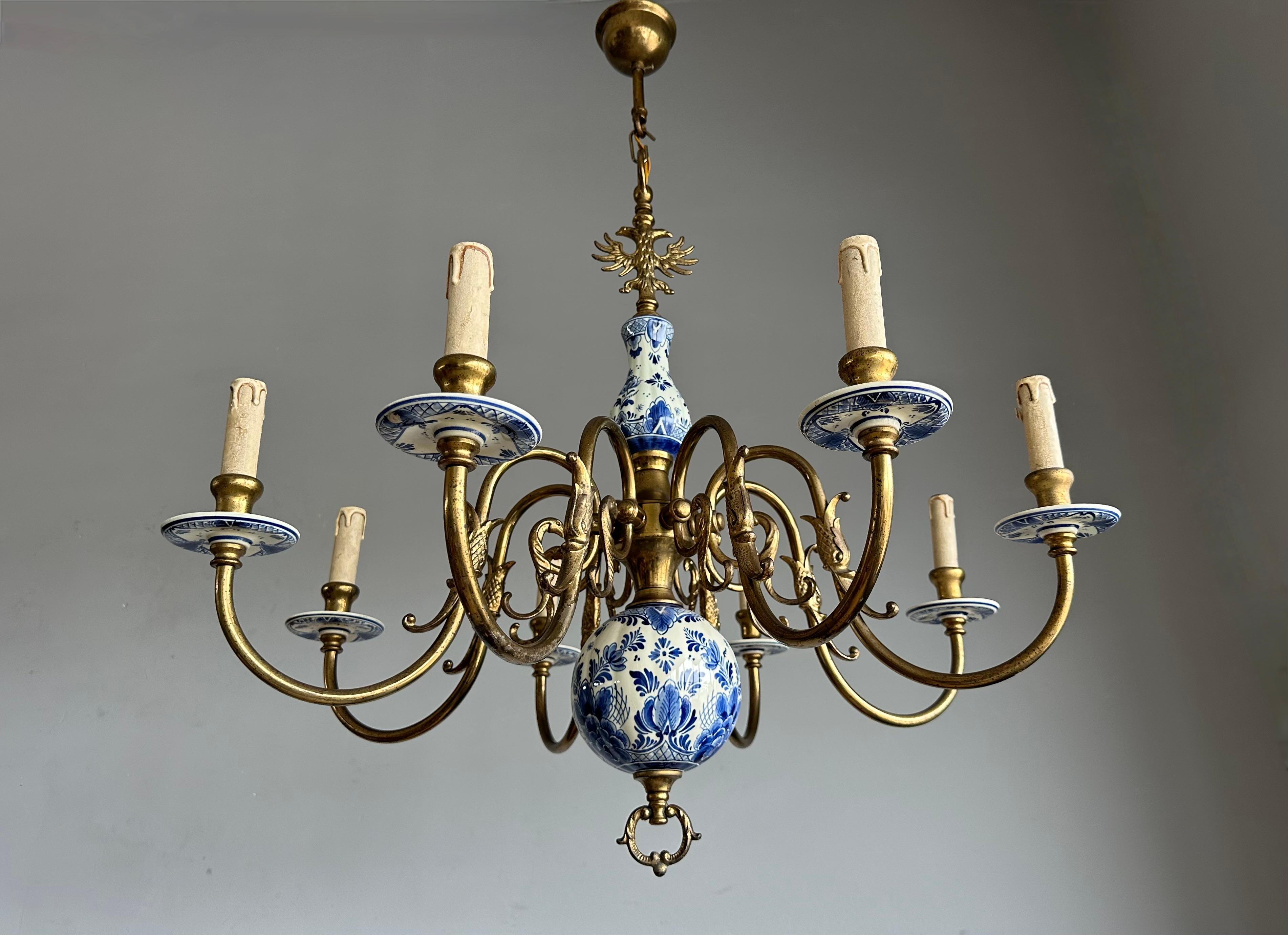 1940s Dutch Large Brass & Porcelain Hand Painted Delft Blue and White Chandelier 9