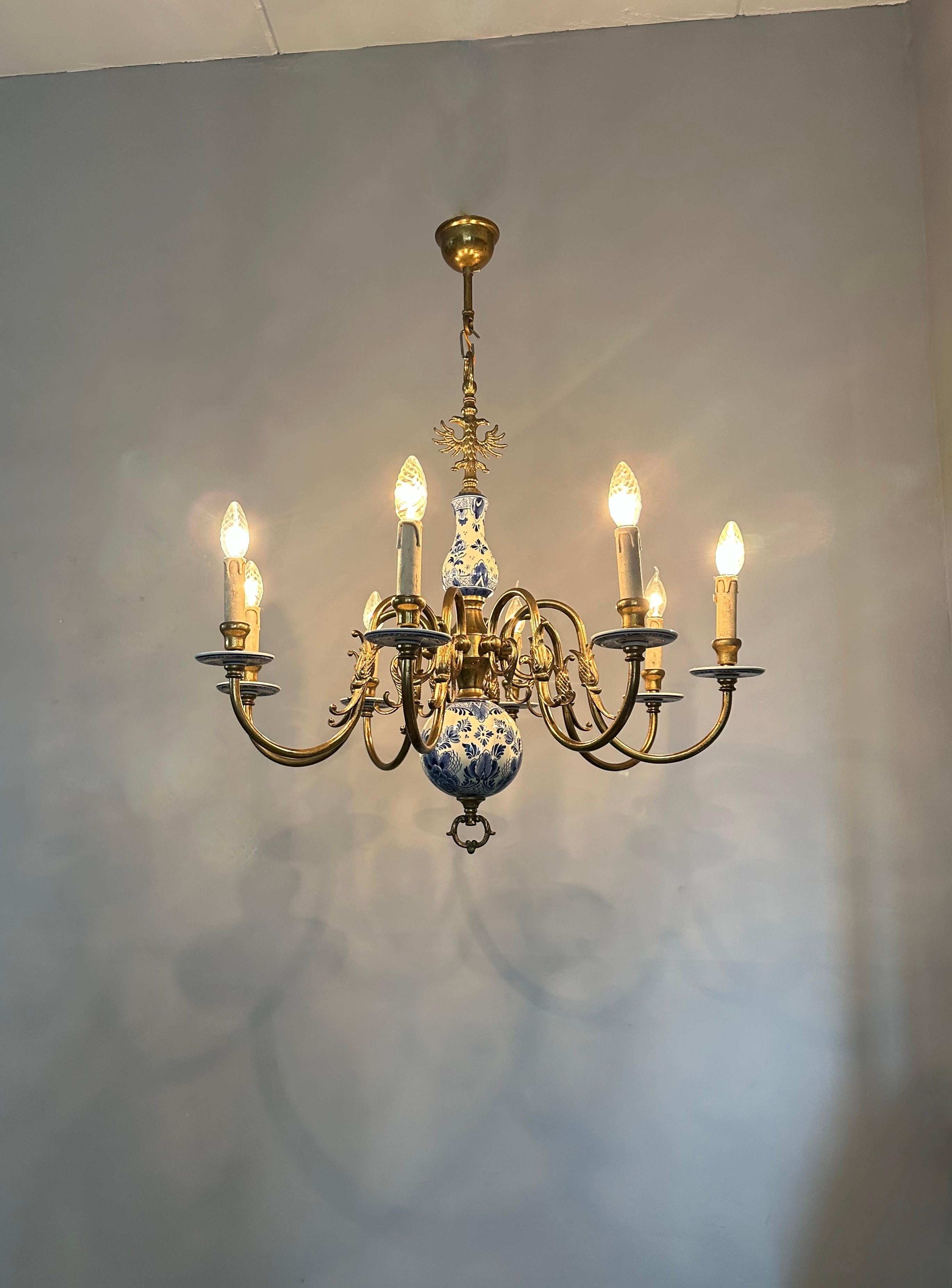 1940s Dutch Large Brass & Porcelain Hand Painted Delft Blue and White Chandelier 11