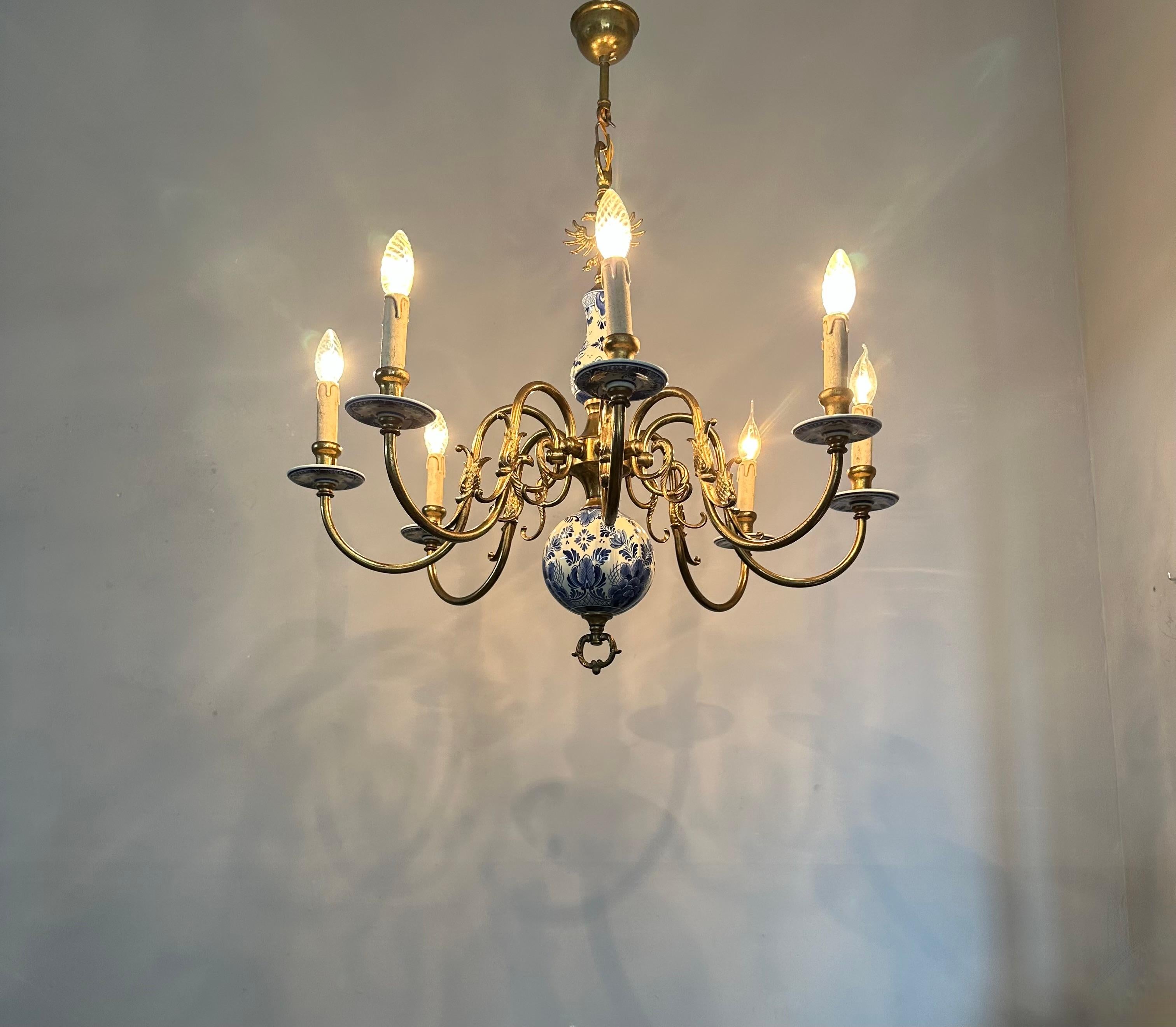 1940s Dutch Large Brass & Porcelain Hand Painted Delft Blue and White Chandelier 12