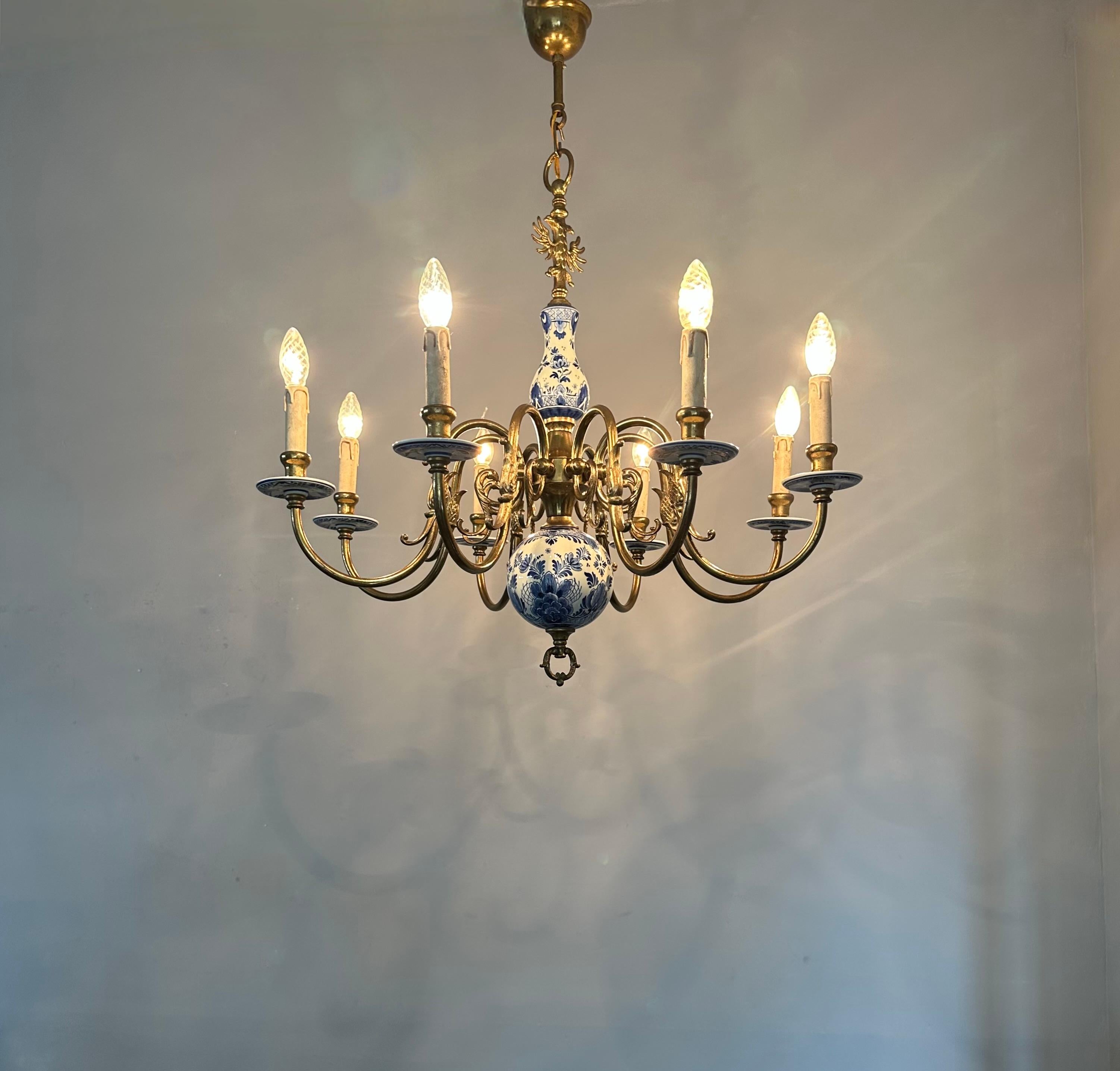 1940s Dutch Large Brass & Porcelain Hand Painted Delft Blue and White Chandelier 13