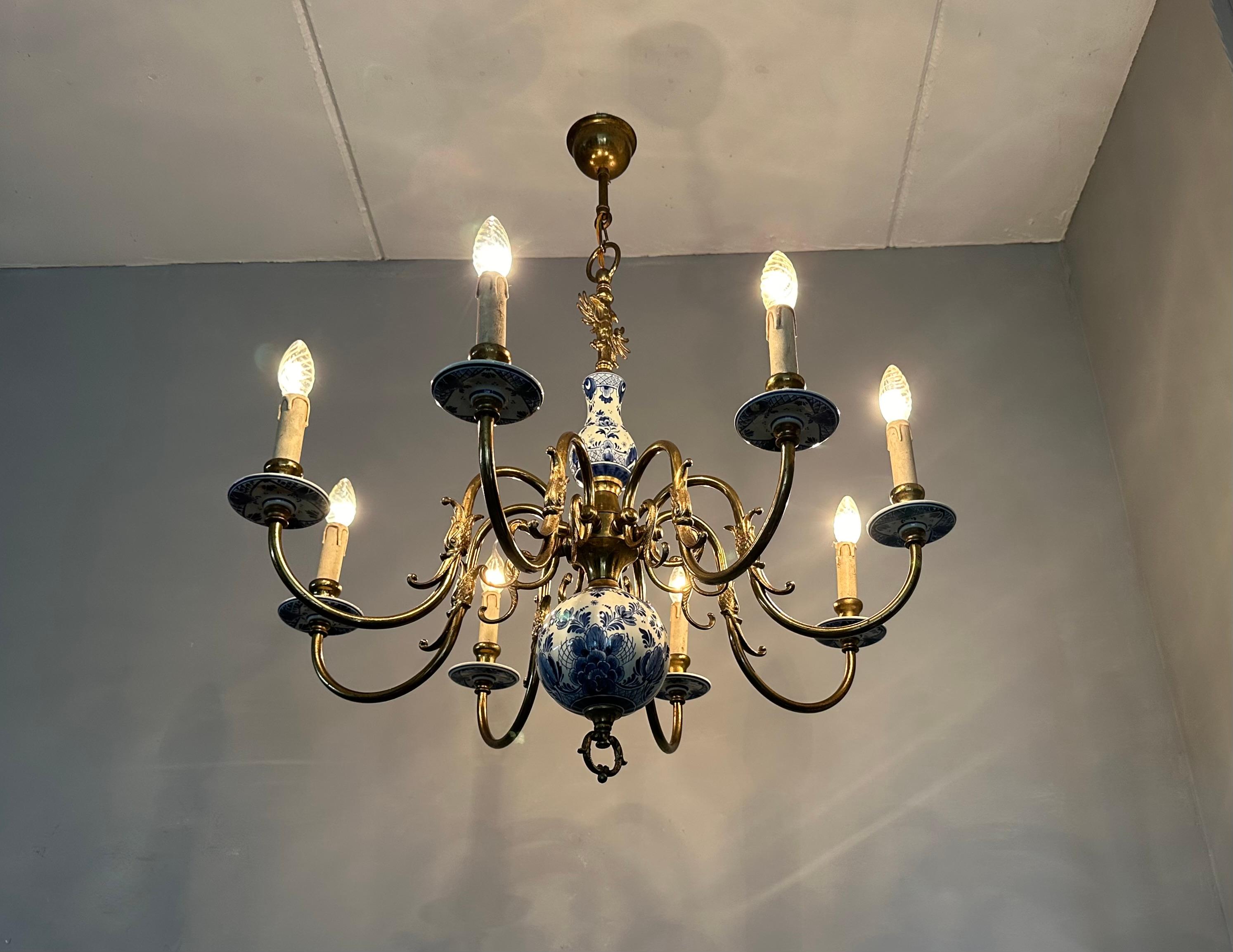 1940s Dutch Large Brass & Porcelain Hand Painted Delft Blue and White Chandelier 14