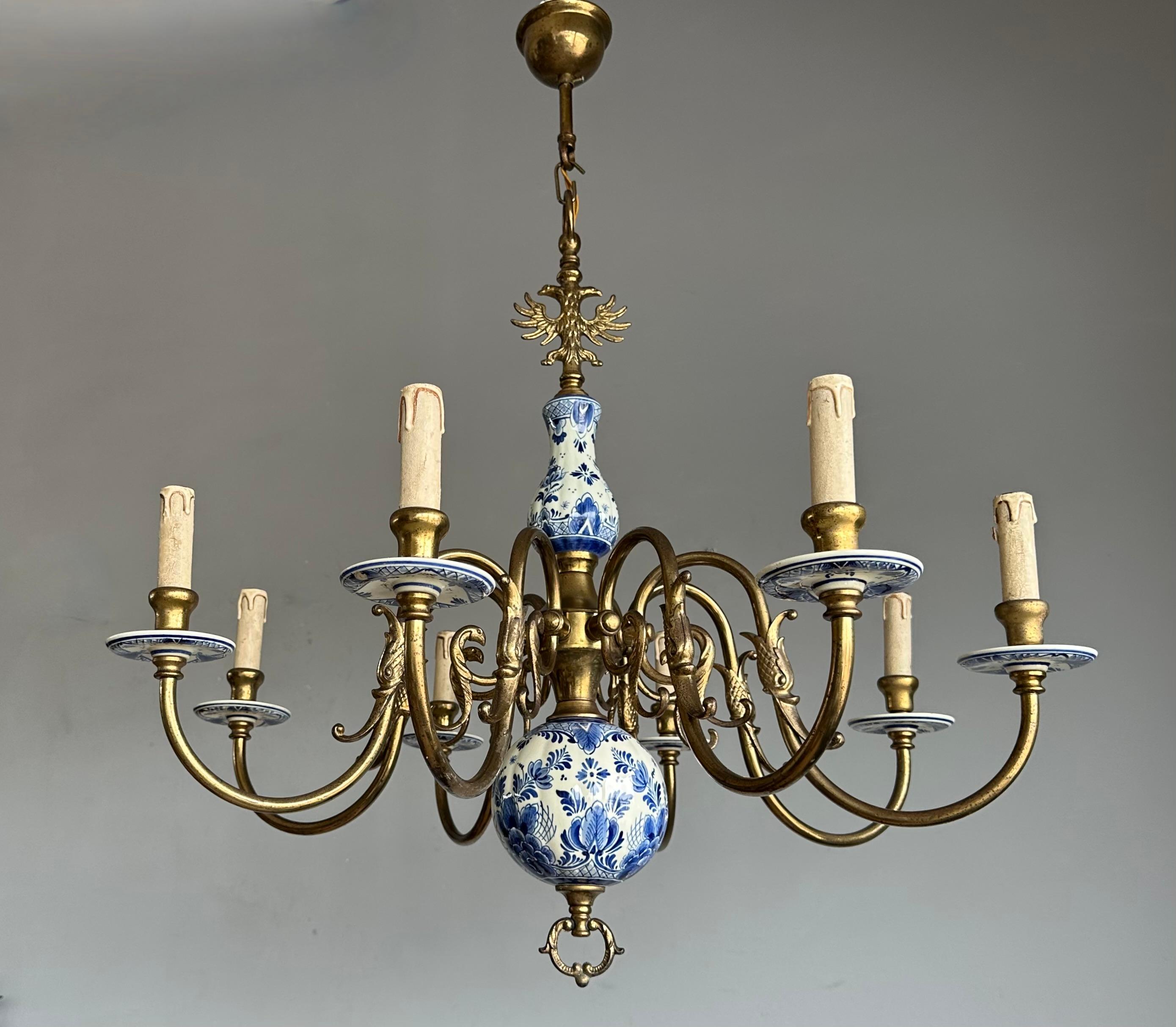 Other 1940s Dutch Large Brass & Porcelain Hand Painted Delft Blue and White Chandelier